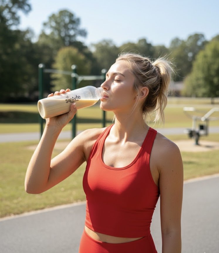 A woman in a red athletic top drinks a smoothie labeled 'siplyfe' outdoors on a sunny day with a park setting in the background.