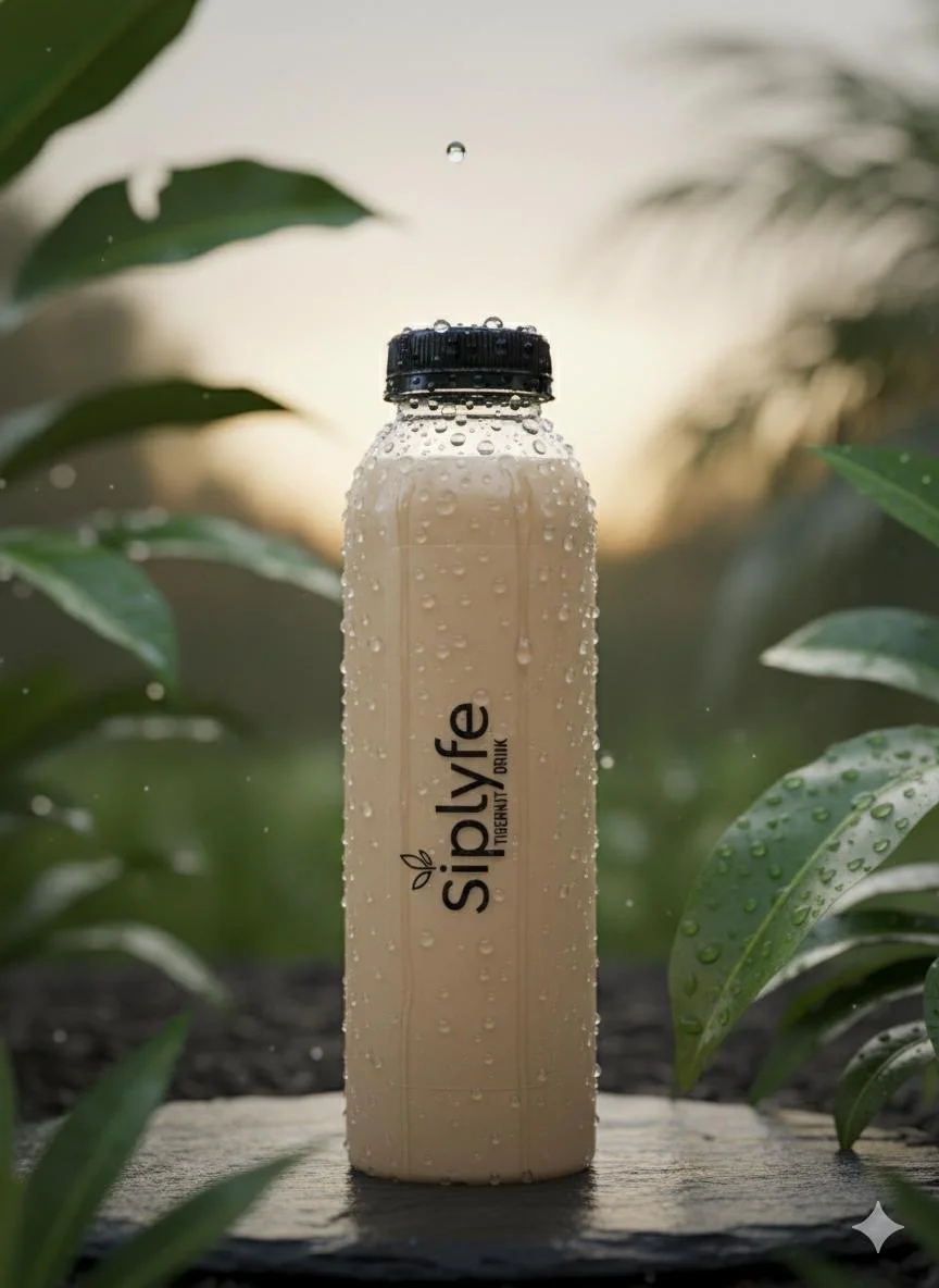 A bottle of Siplyfe plant-based natural drink with water droplets on it, outdoors among green leaves at sunset