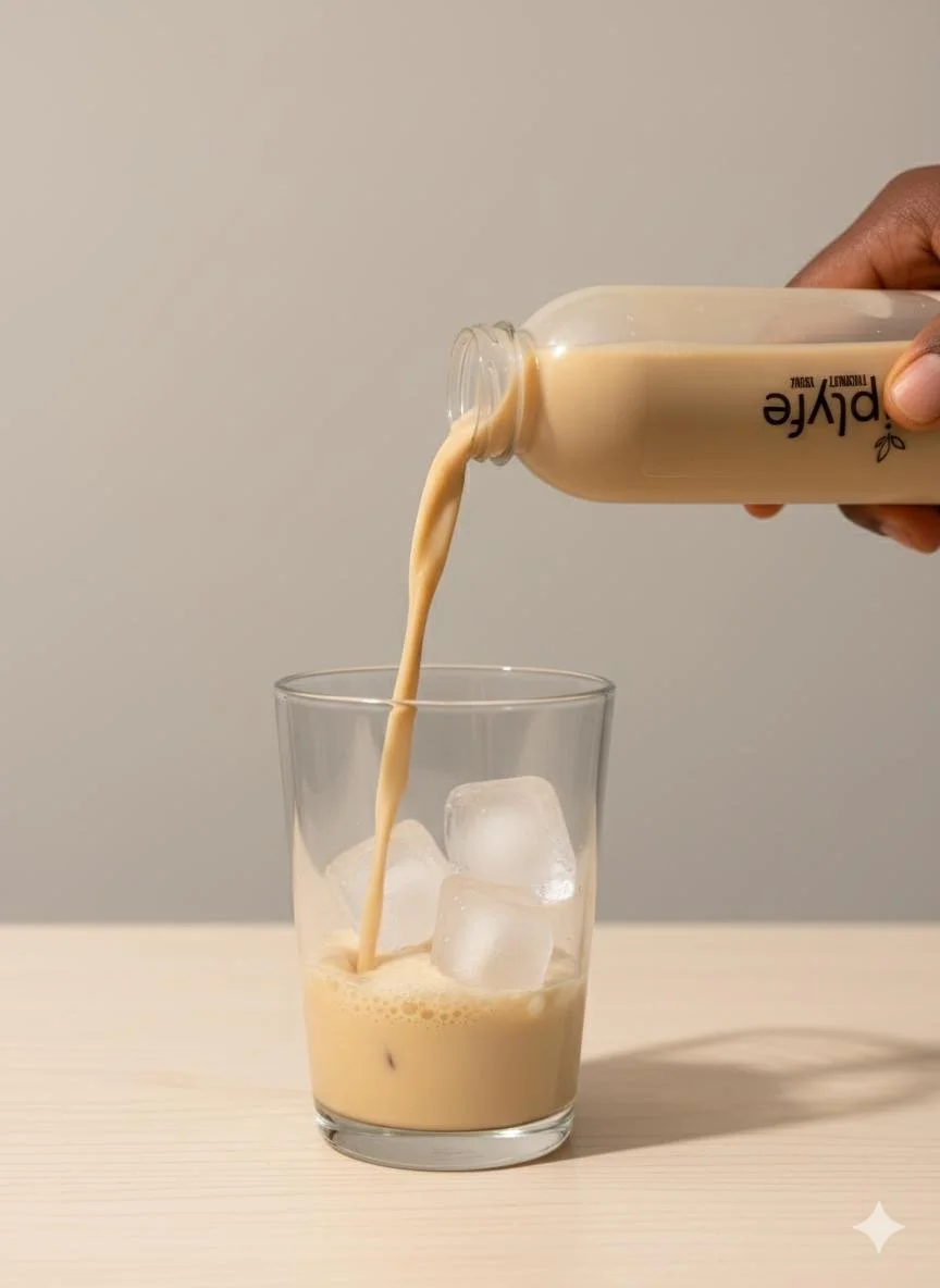 A hand pouring a creamy beverage from a bottle into a glass with ice cubes on a light-colored surface against a plain background.
