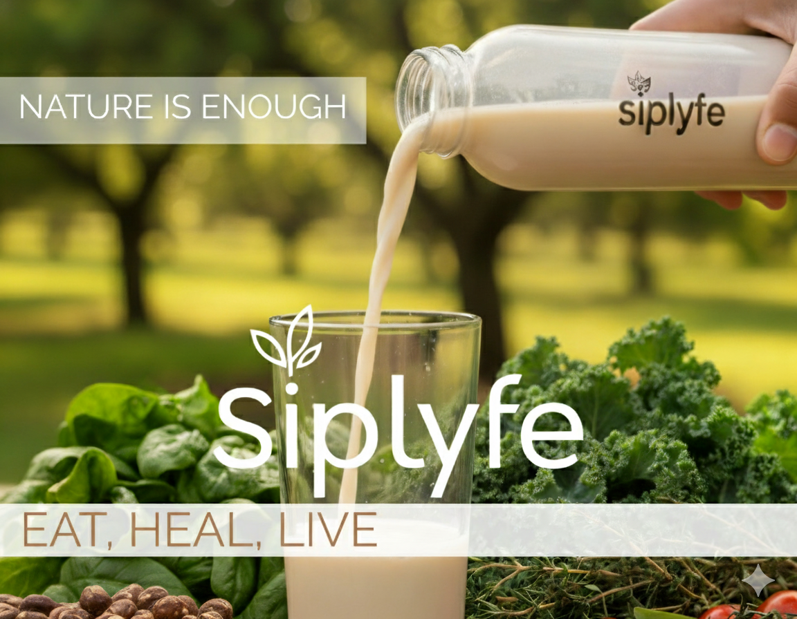 A glass of plant-based beverage being poured from a bottle labeled 'siplyfe' outdoors with leafy greens around, with the text 'NATURE IS ENOUGH' and 'EAT, HEAL, LIVE'.