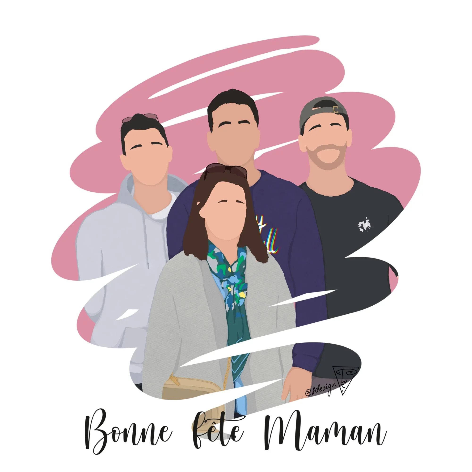 Illustration personnalisée d’une famille de quatre personnes, (un couple de parents et ses deux enfants), dessinée dans un style minimaliste (sans détails de visage) avec un effet coup de pinceau et un fond couleur rose poudrée, avec écriture.