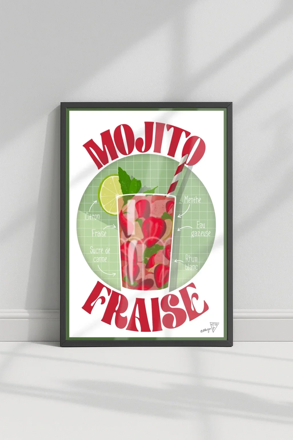 Affiche cocktail Mojito Fraise dans un cadre, décoration murale