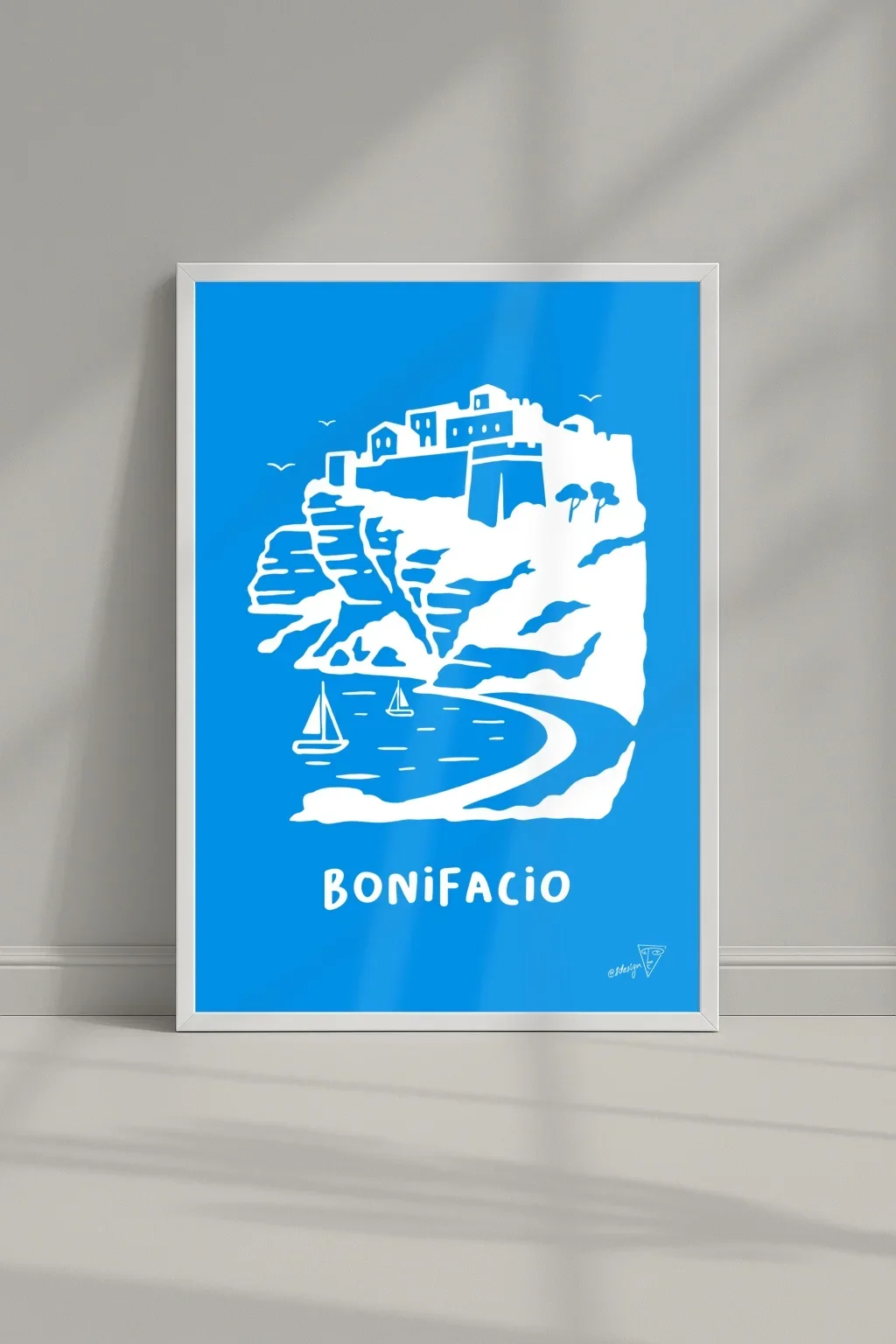 Affiche ville Bonifacio dans un cadre, illustration graphique bleu et blanche de la Corse