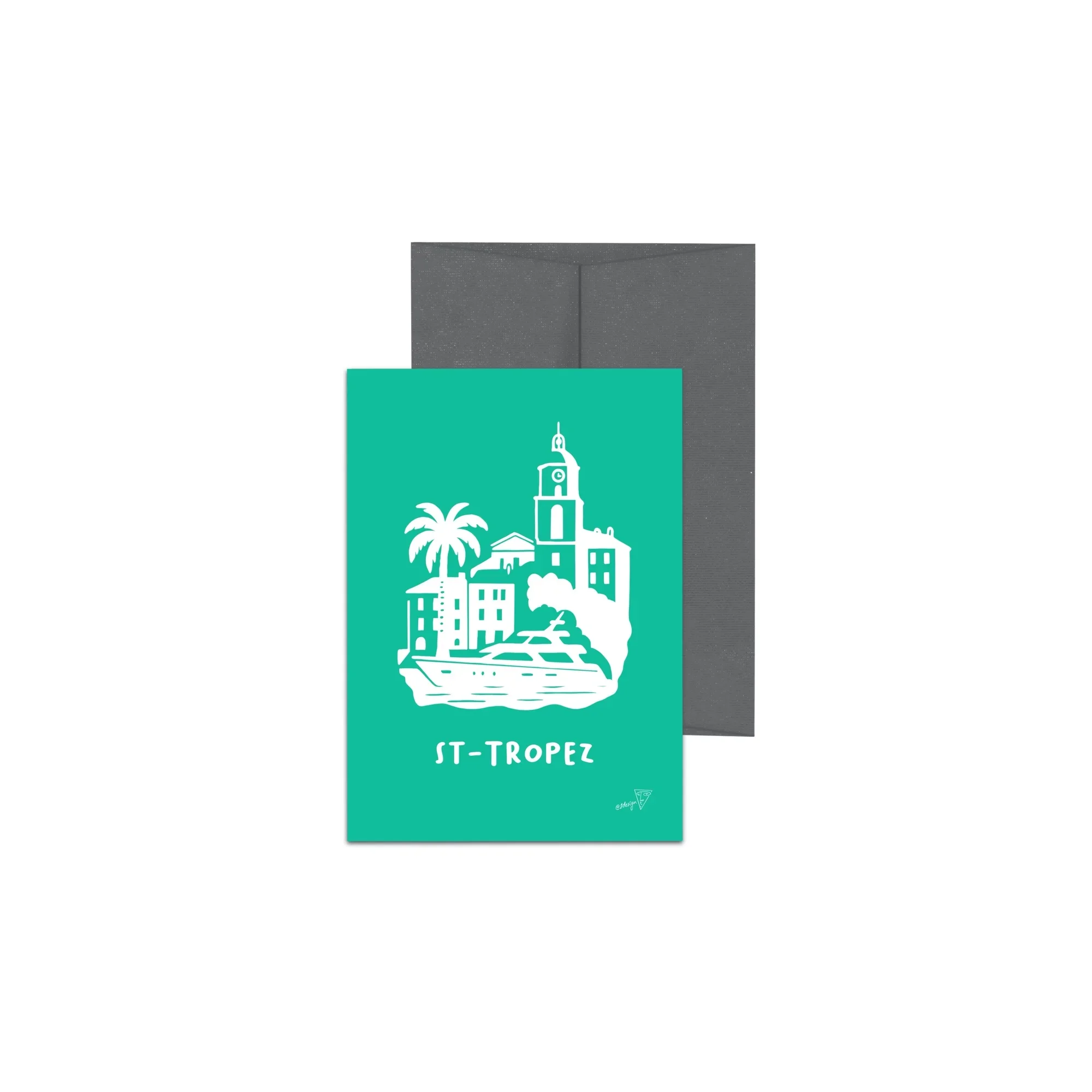 Carte postale de la ville de Saint-Tropez, fond vert, avec enveloppe
