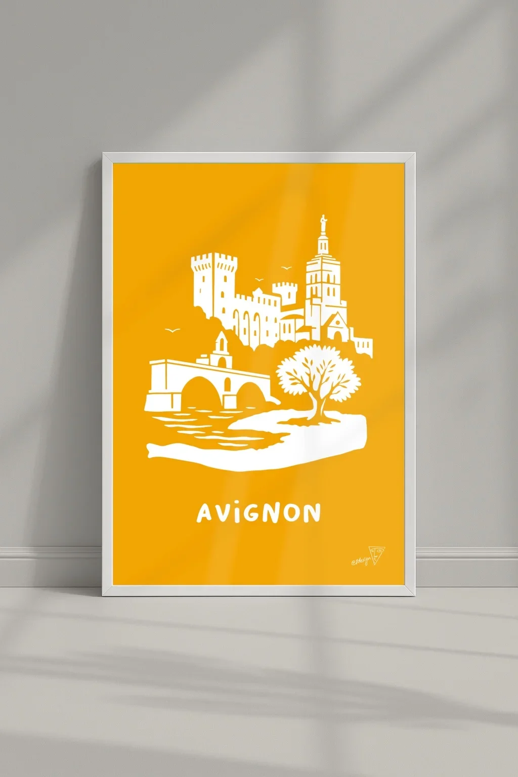 Affiche ville Avignon dans un cadre, illustration graphique orange et blanche du Sud-Est