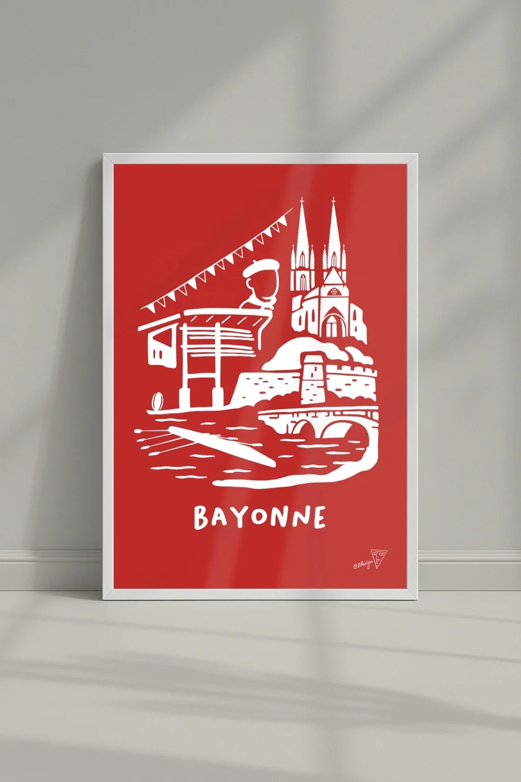 Affiche ville Bayonne dans un cadre, illustration graphique rouge et blanche du Pays-Basque