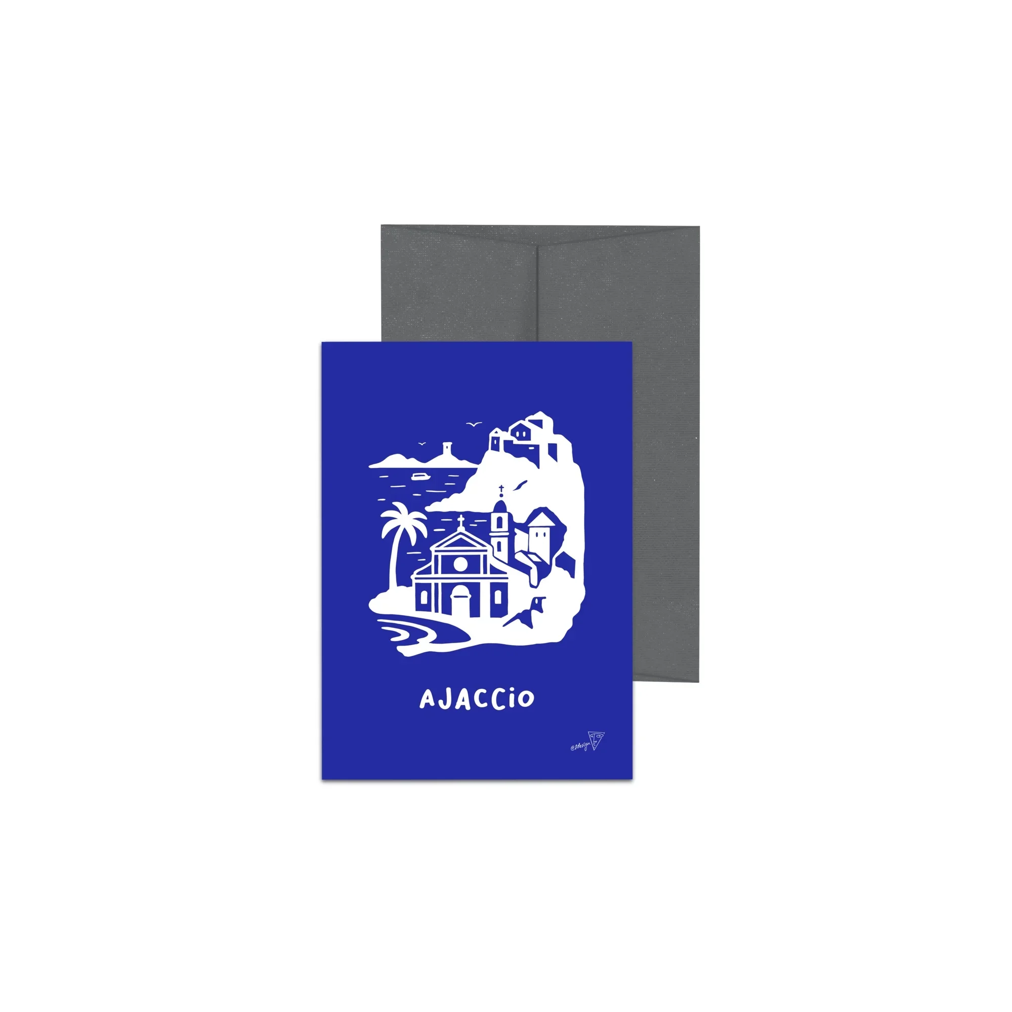 Carte postale de la ville de Ajaccio, fond bleu, avec enveloppe