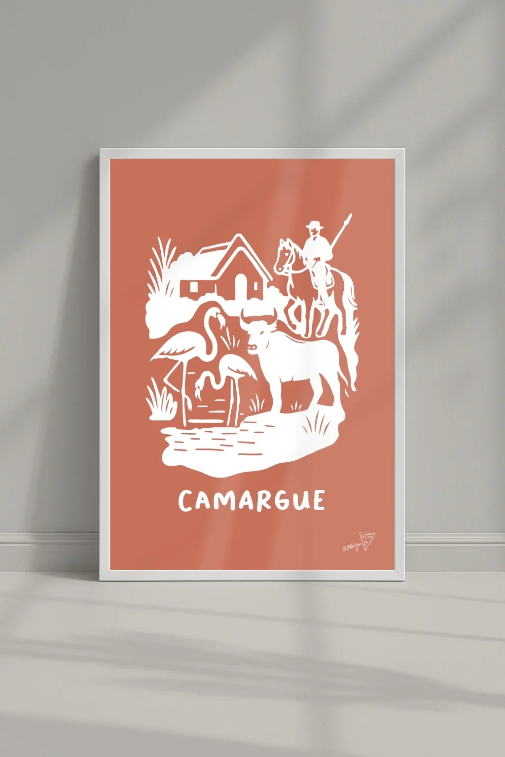 Affiche ville Camargue dans un cadre, illustration graphique rose et blanche du Sud-Est