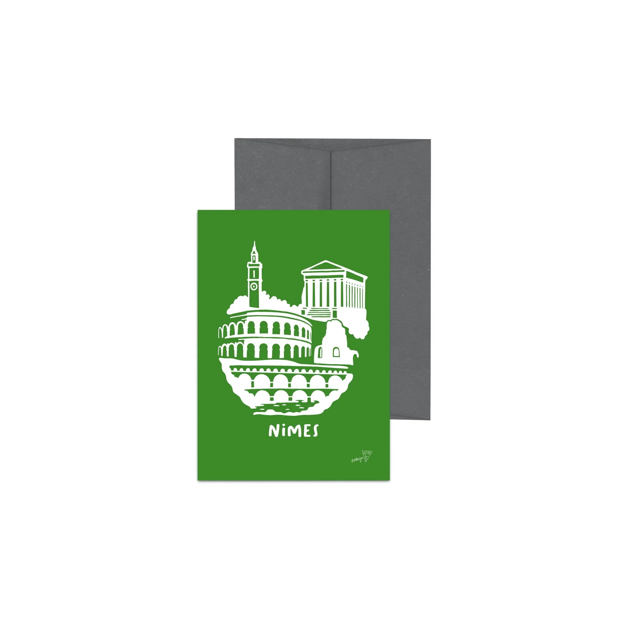 Carte postale de la ville de Nimes, fond vert, avec enveloppe