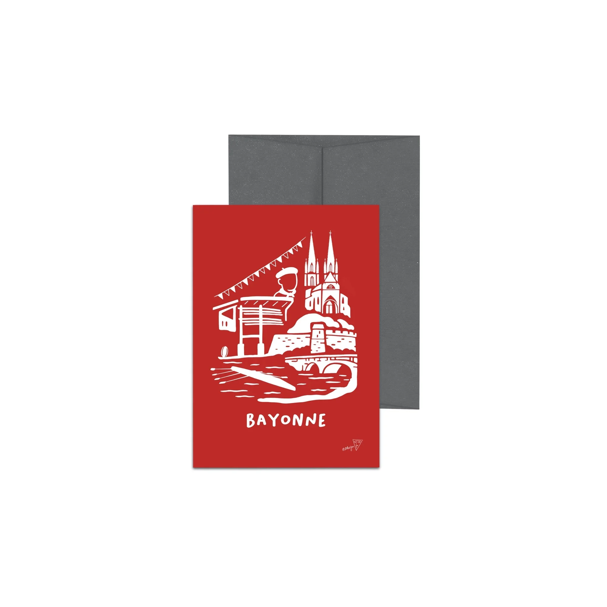 Carte postale de la ville de Bayonne, fond rouge, avec enveloppe
