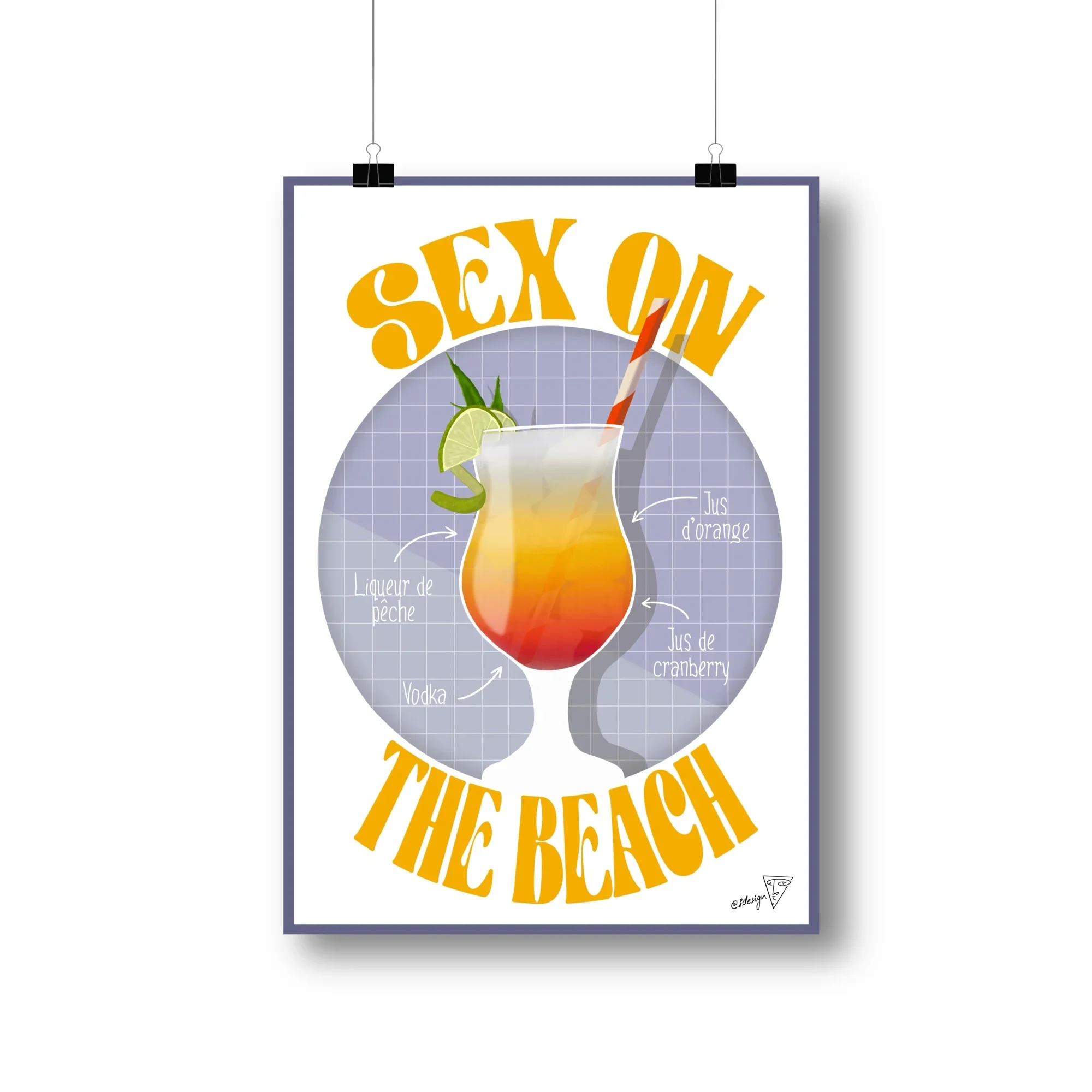 Affiche cocktail Sex on the Beach, illustration graphique orange et blanche