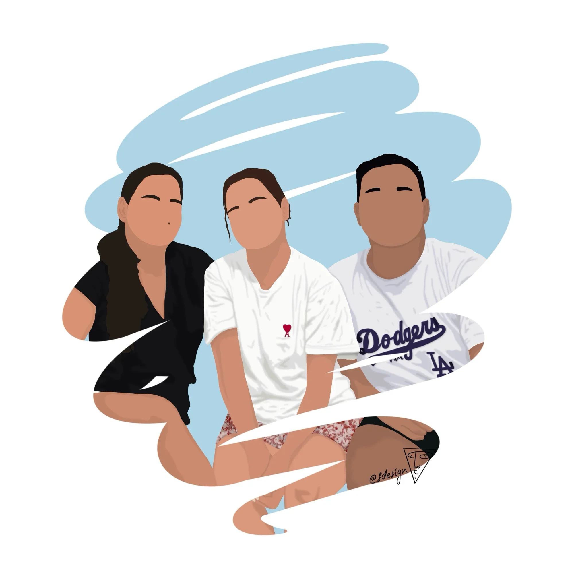 Illustration personnalisée d’une famille de trois personnes, (un frère et ses soeurs), dessinée dans un style minimaliste (sans détails de visage) avec un effet coup de pinceau et un fond couleur bleu ciel.
