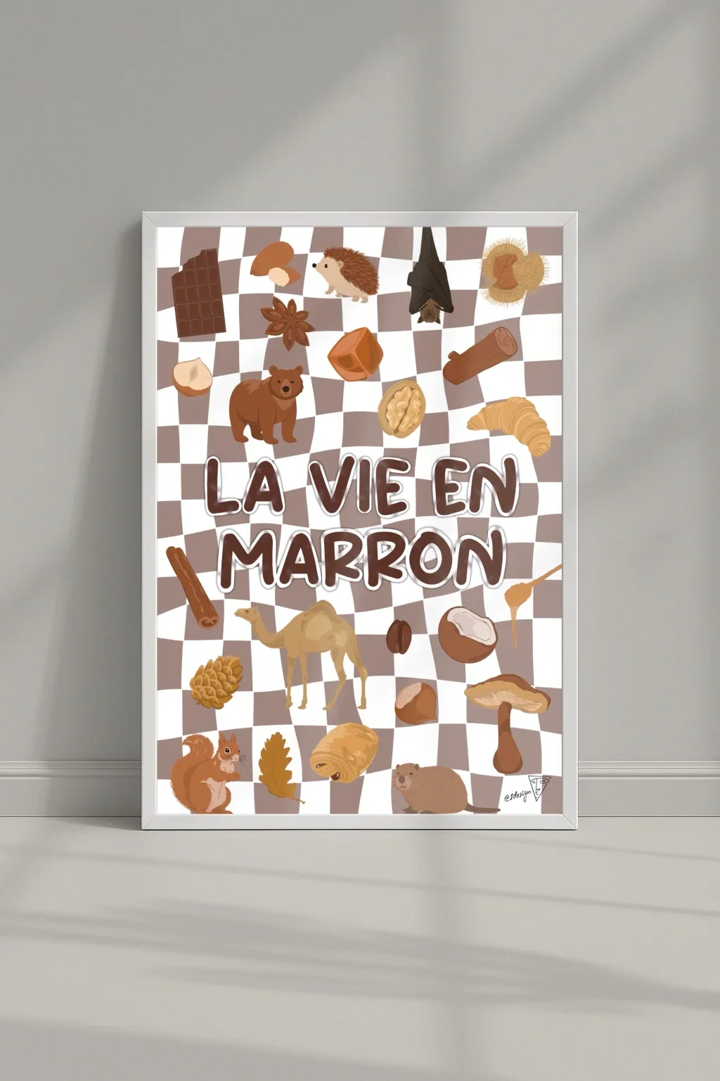 Affiche "La vie en marron" dans un cadre, symboles marrons, illustration graphique