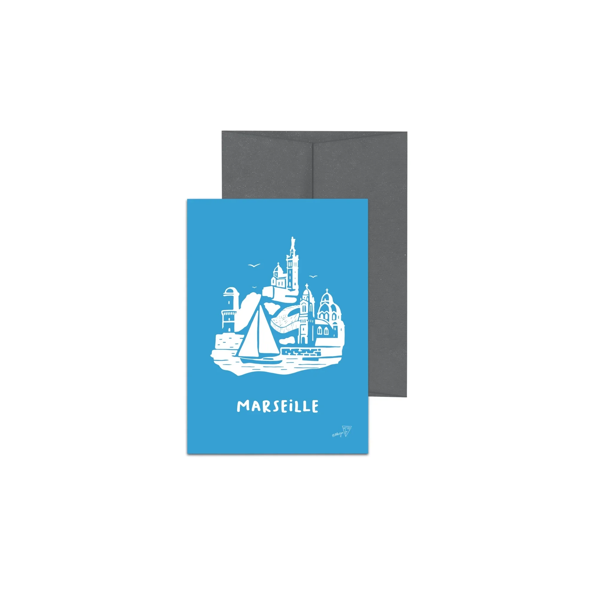 Carte postale de la ville de Marseille, fond bleu, avec enveloppe