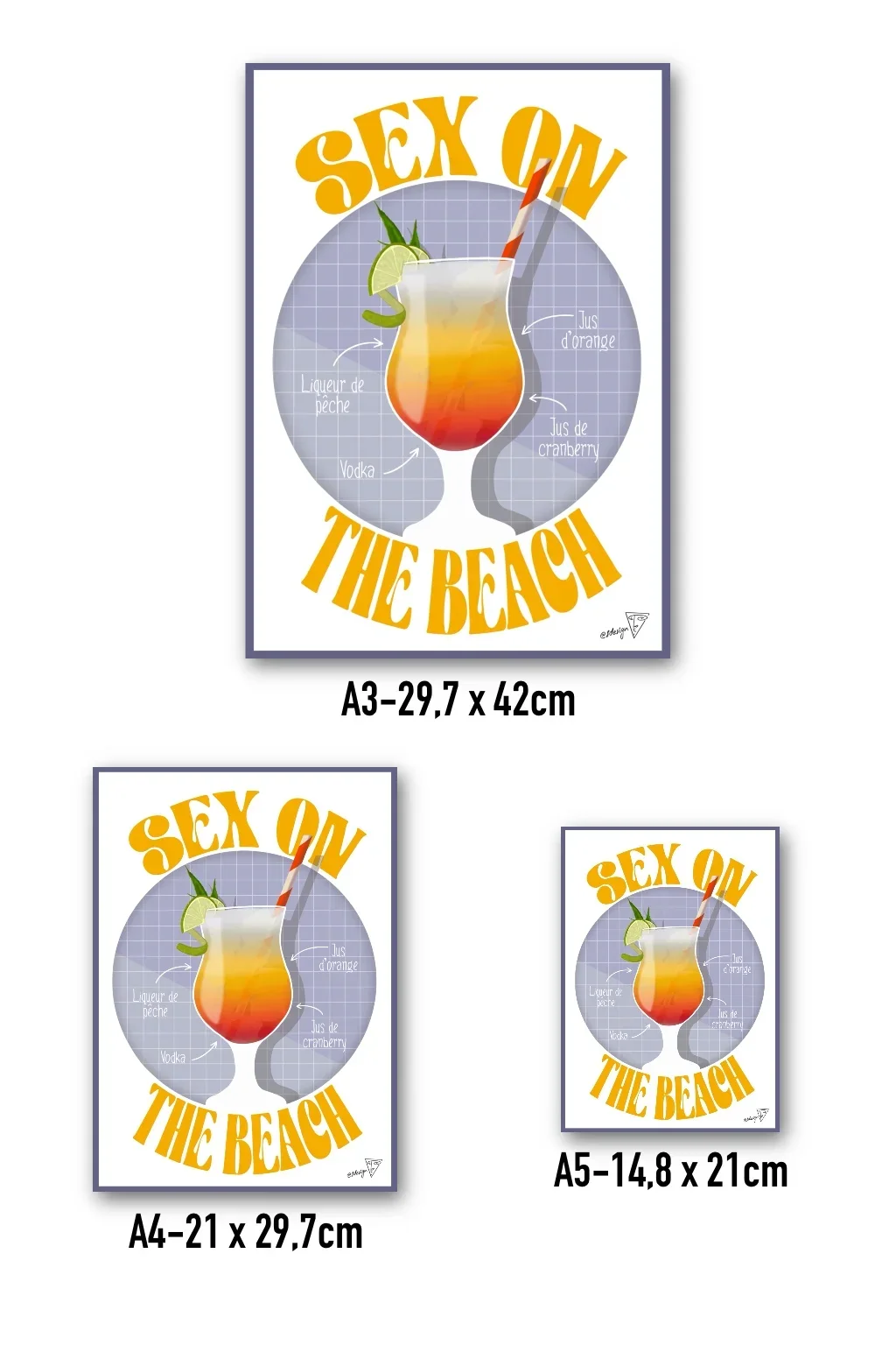 Affiche cocktail Sex on the Beach disponible en formats A3, A4, A5 - création SDesiGn