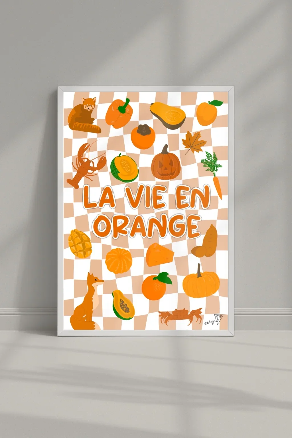 Affiche "La vie en orange" dans un cadre, symboles oranges, illustration graphique