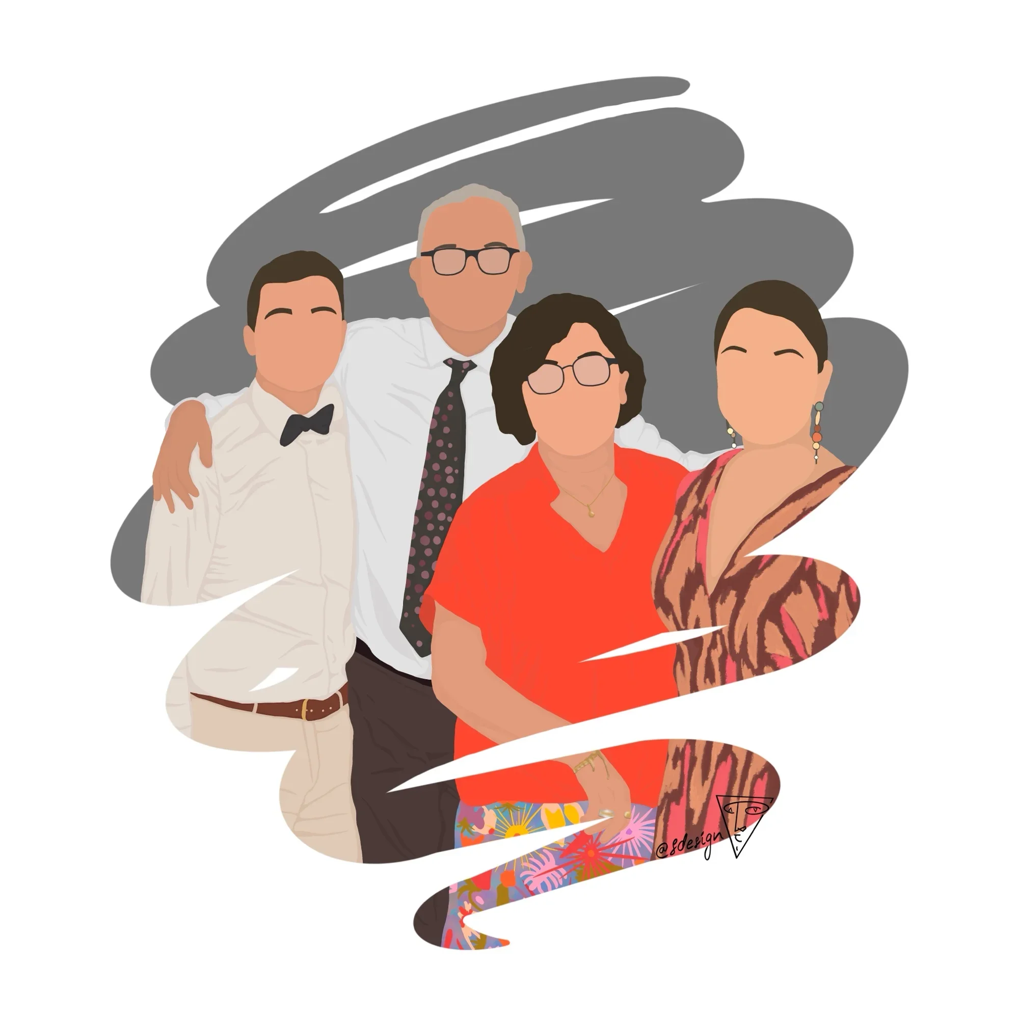 Illustration personnalisée d’une famille de quatre personnes, élégamment habillée (un couple de parents et ses deux enfants), dessinée dans un style minimaliste (sans détails de visage) avec un effet coup de pinceau et un fond couleur grise.