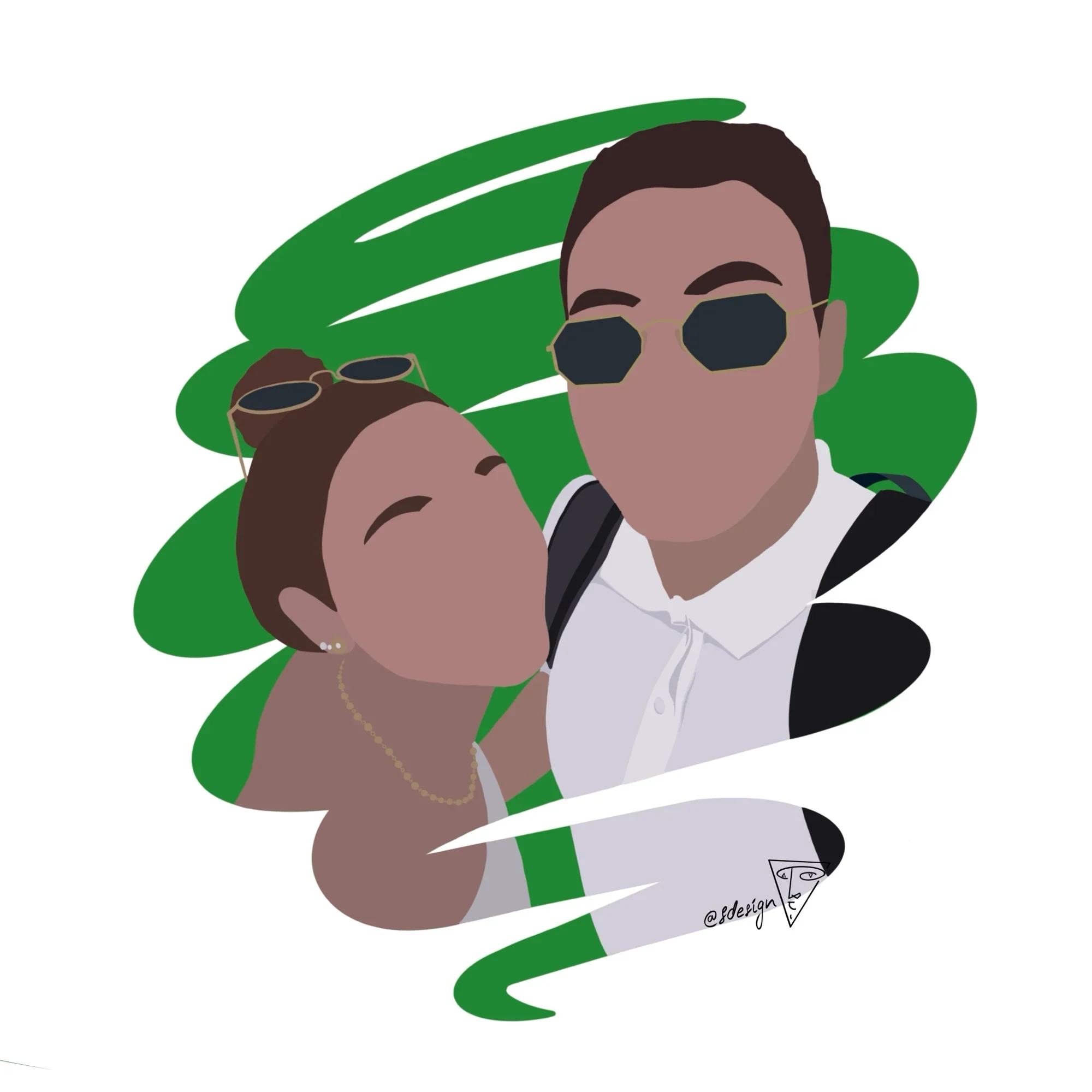 Illustration personnalisée d’un portrait de couple, dessiné dans un style minimaliste (sans détails de visage) avec un effet coup de pinceau et un fond couleur vert.