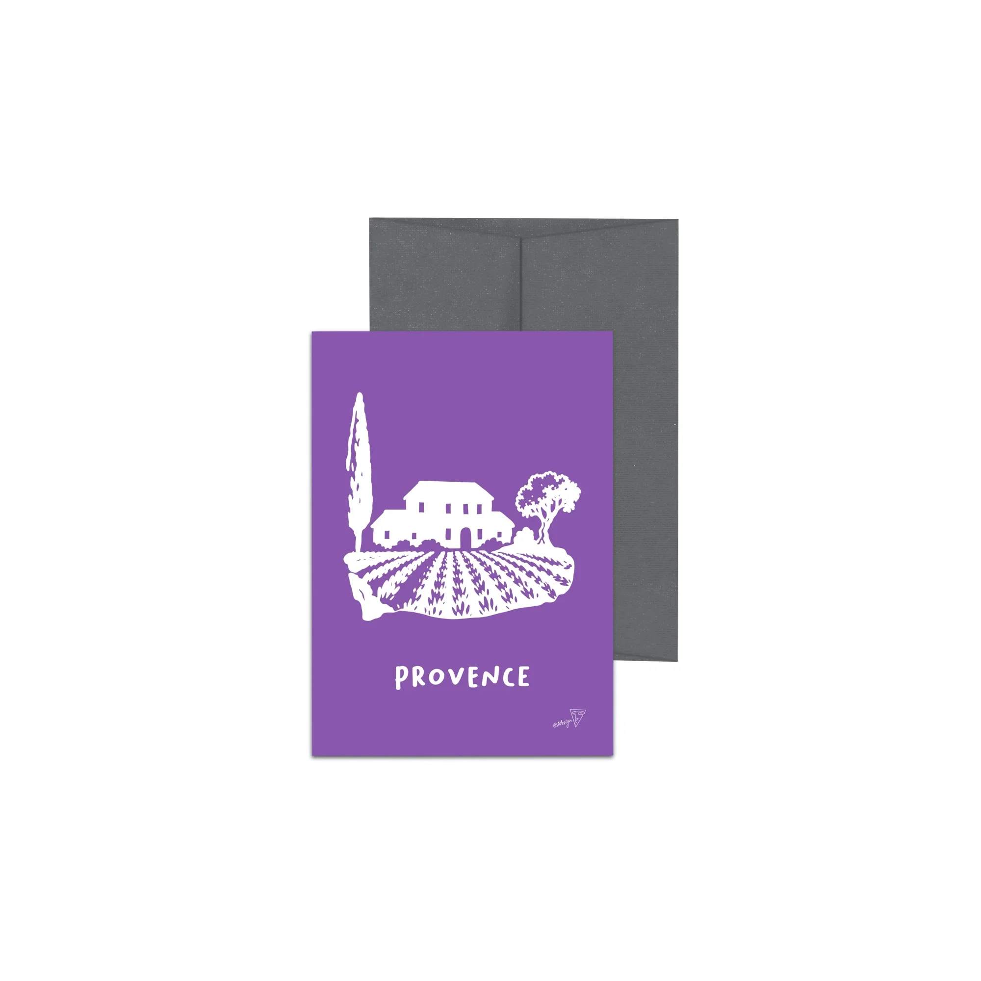 Carte postale de la ville de Provence, fond violet, avec enveloppe