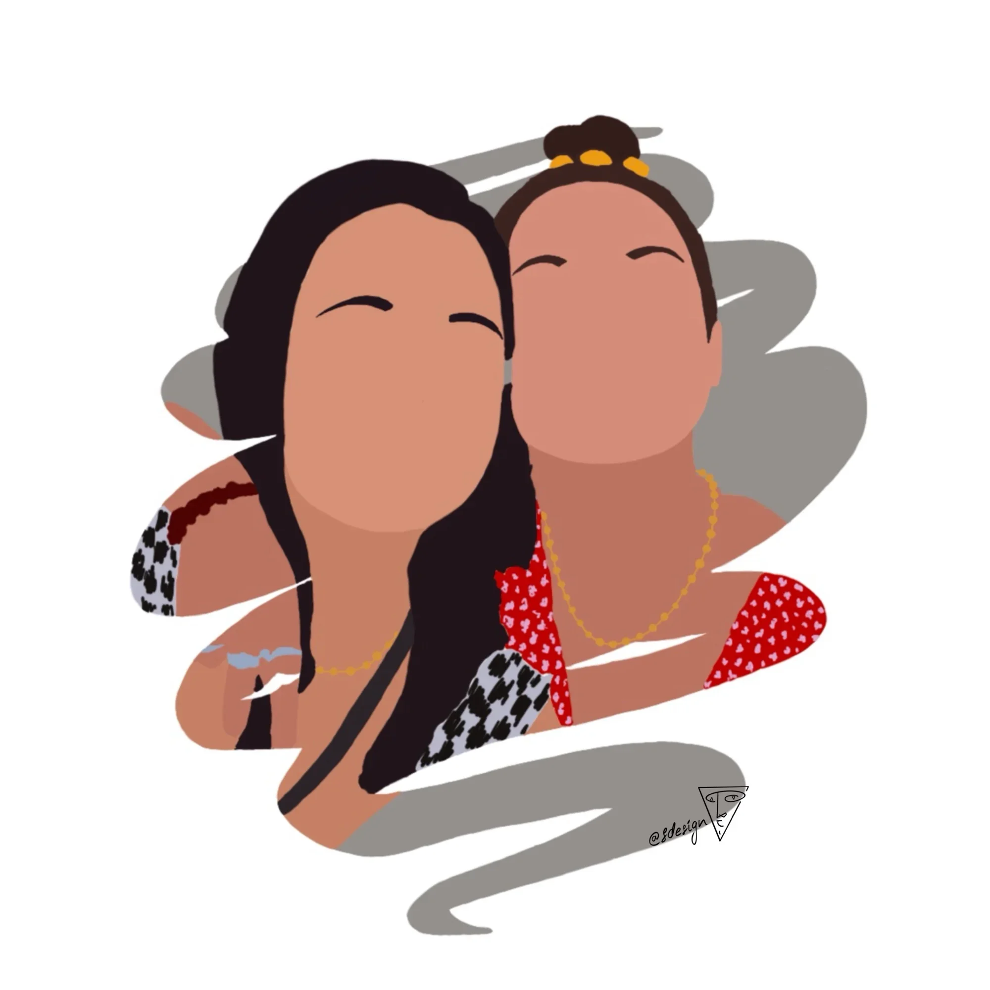 Illustration personnalisée d'un portrait de deux soeurs, dessiné dans un style minimaliste (sans détails de visage) avec un effet coup de pinceau et un fond couleur grise.