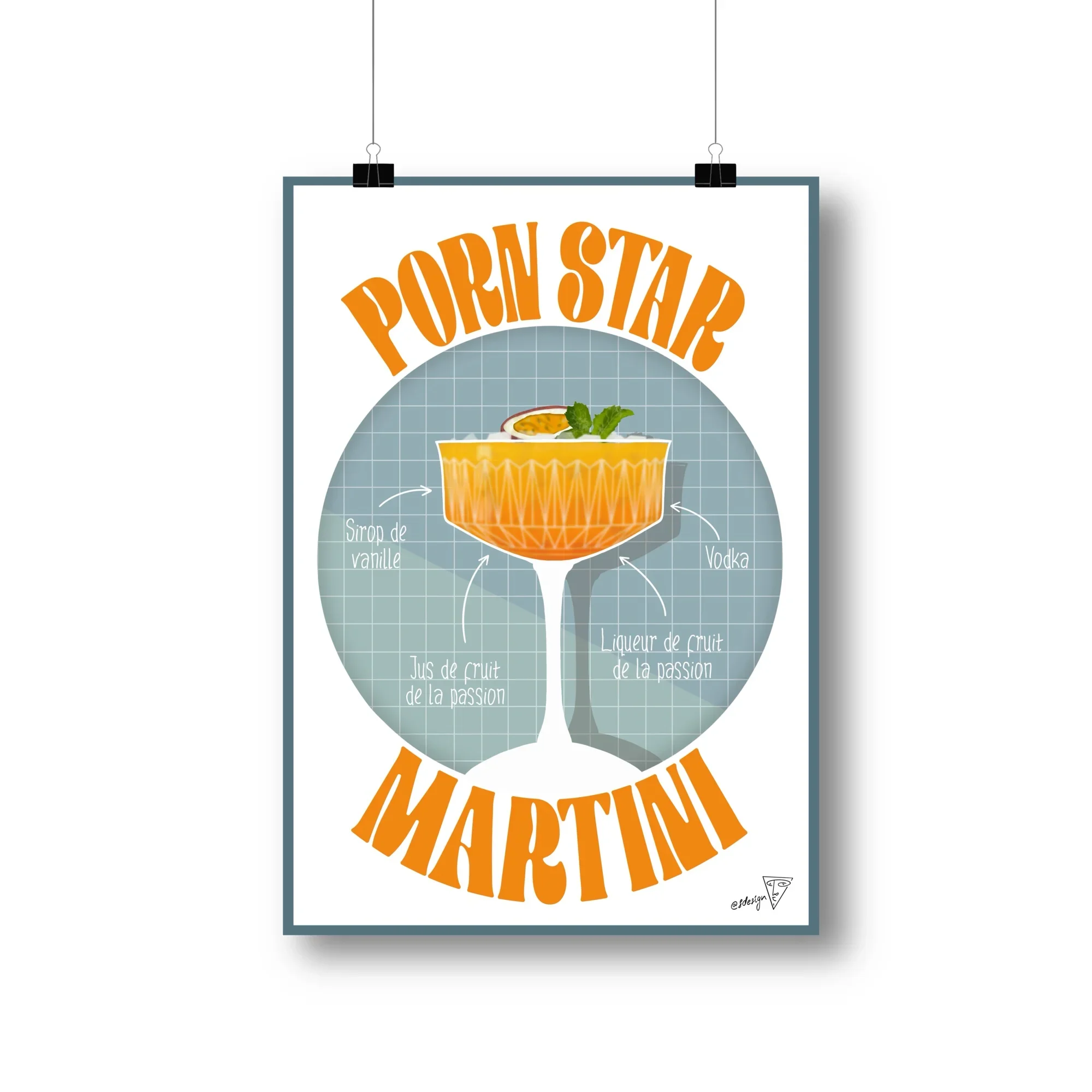 Affiche cocktail Porn Star Martini, illustration graphique orange et blanche
