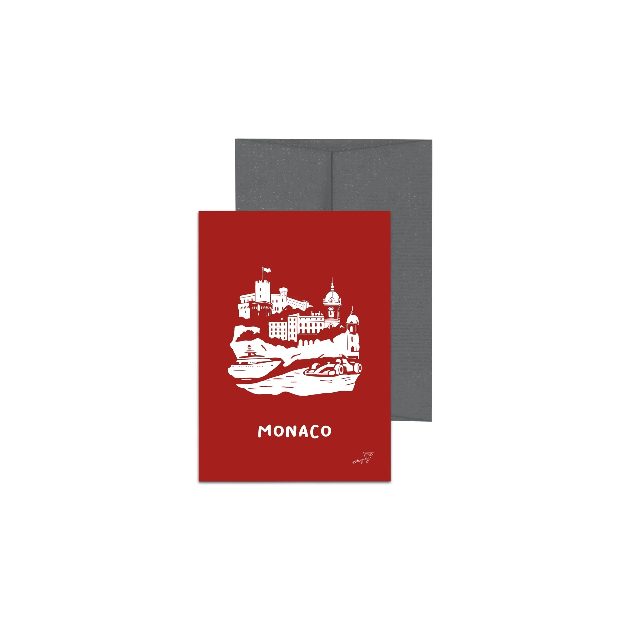 Carte postale de la ville de Monaco, fond rouge, avec enveloppe