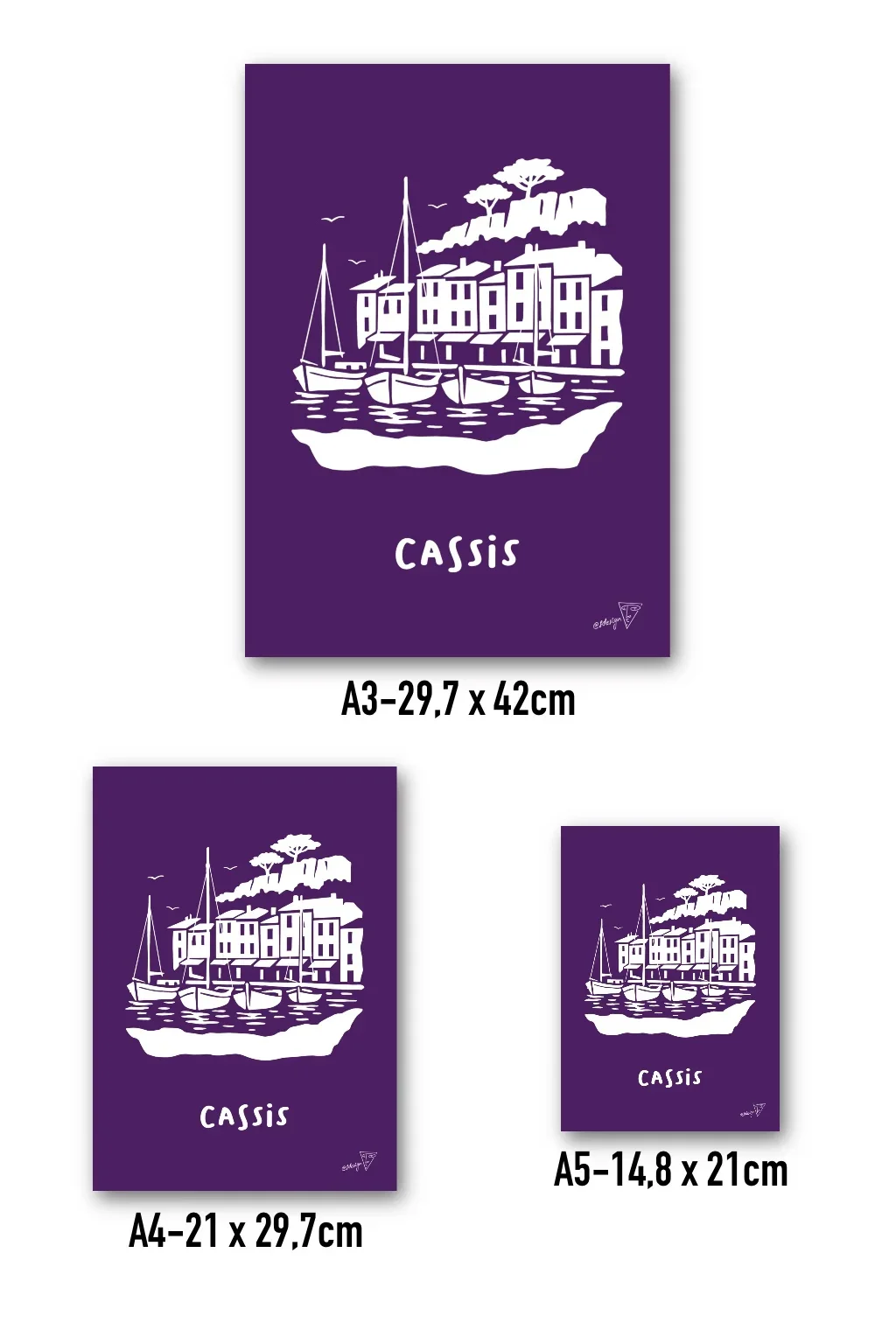 Affiche Cassis disponible en trois formats - A3, A4, A5 - illustration graphique violette et blanche de la région