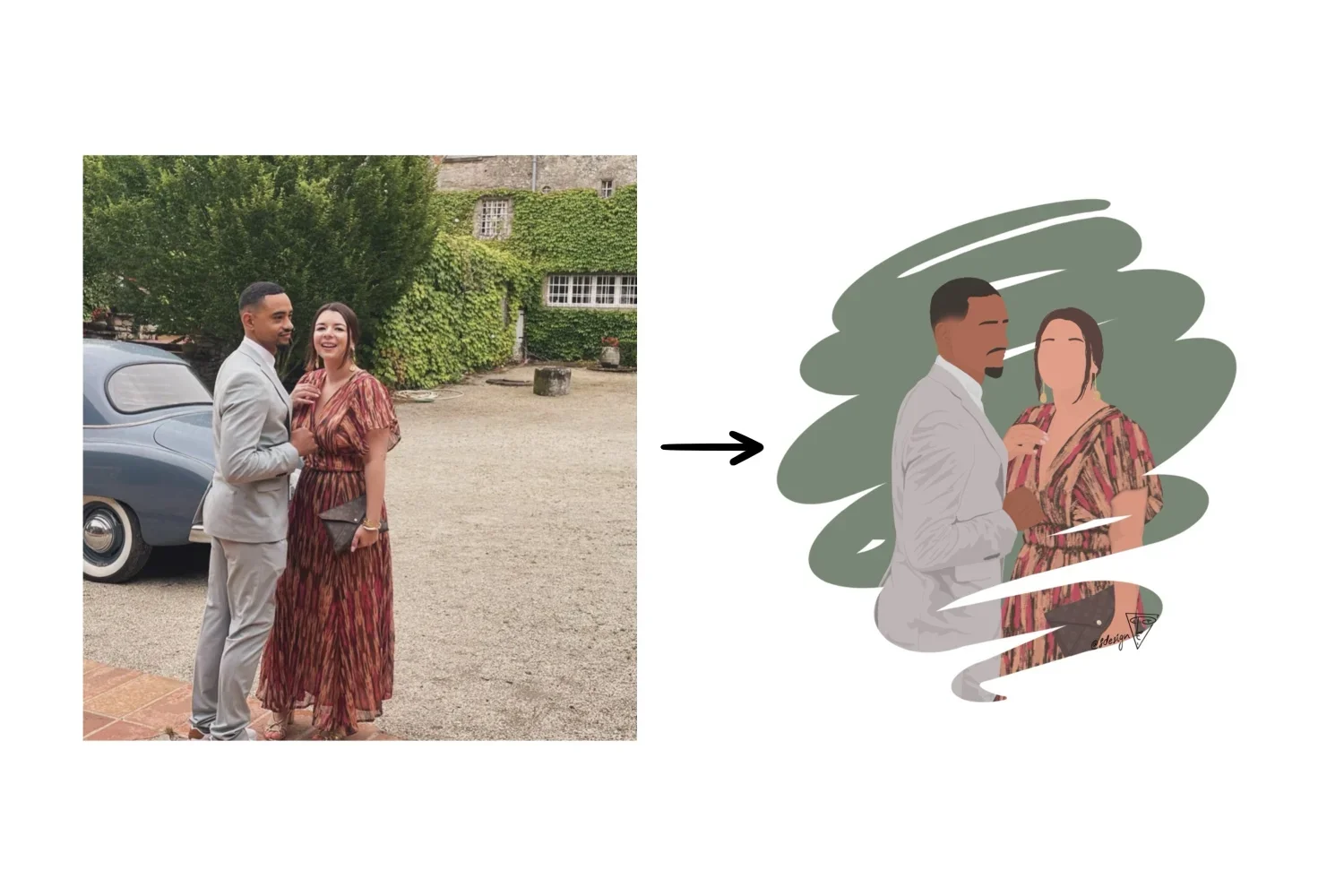 Une photo et son illustration personnalisée d’un couple élégamment habillé, dessiné dans un style minimaliste (sans détails de visage) avec un effet coup de pinceau et un fond couleur vert kaki.