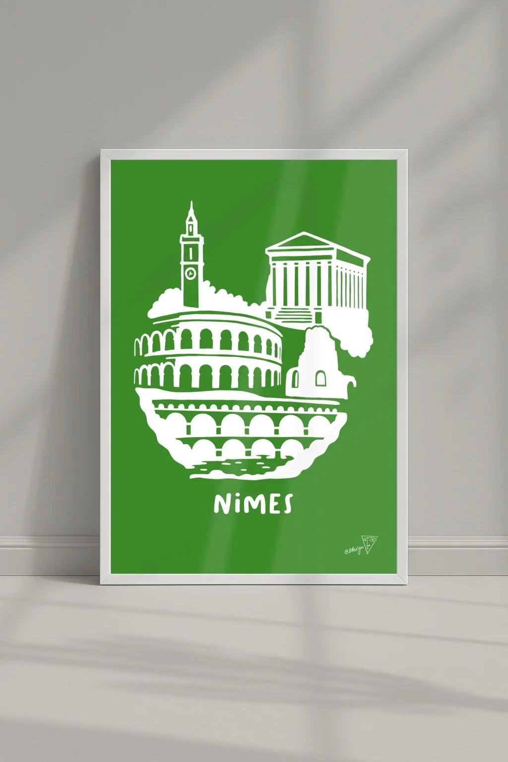 Affiche ville Nimes dans un cadre, illustration graphique verte et blanche du Sud-Est