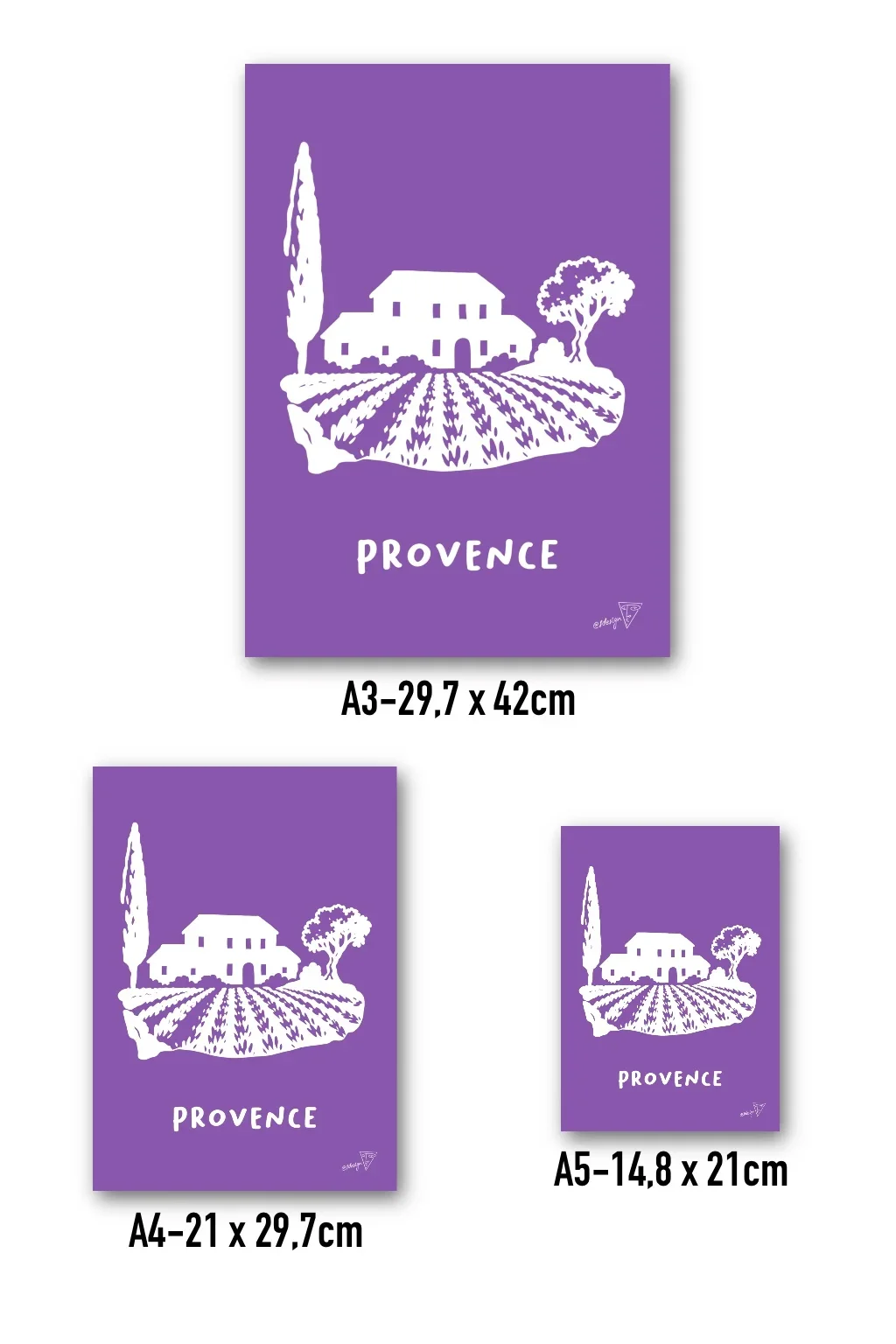Affiche Provence disponible en trois formats - A3, A4, A5 - illustration graphique lavande et blanche de la région provençale