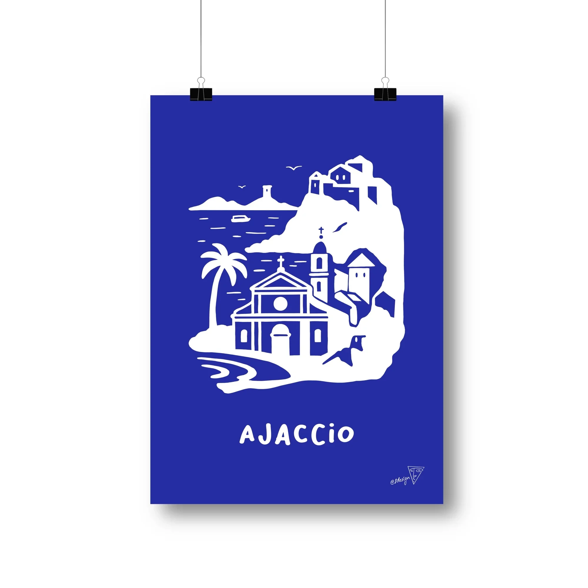 Affiche ville Ajaccio, illustration graphique bleu et blanche de la Corse