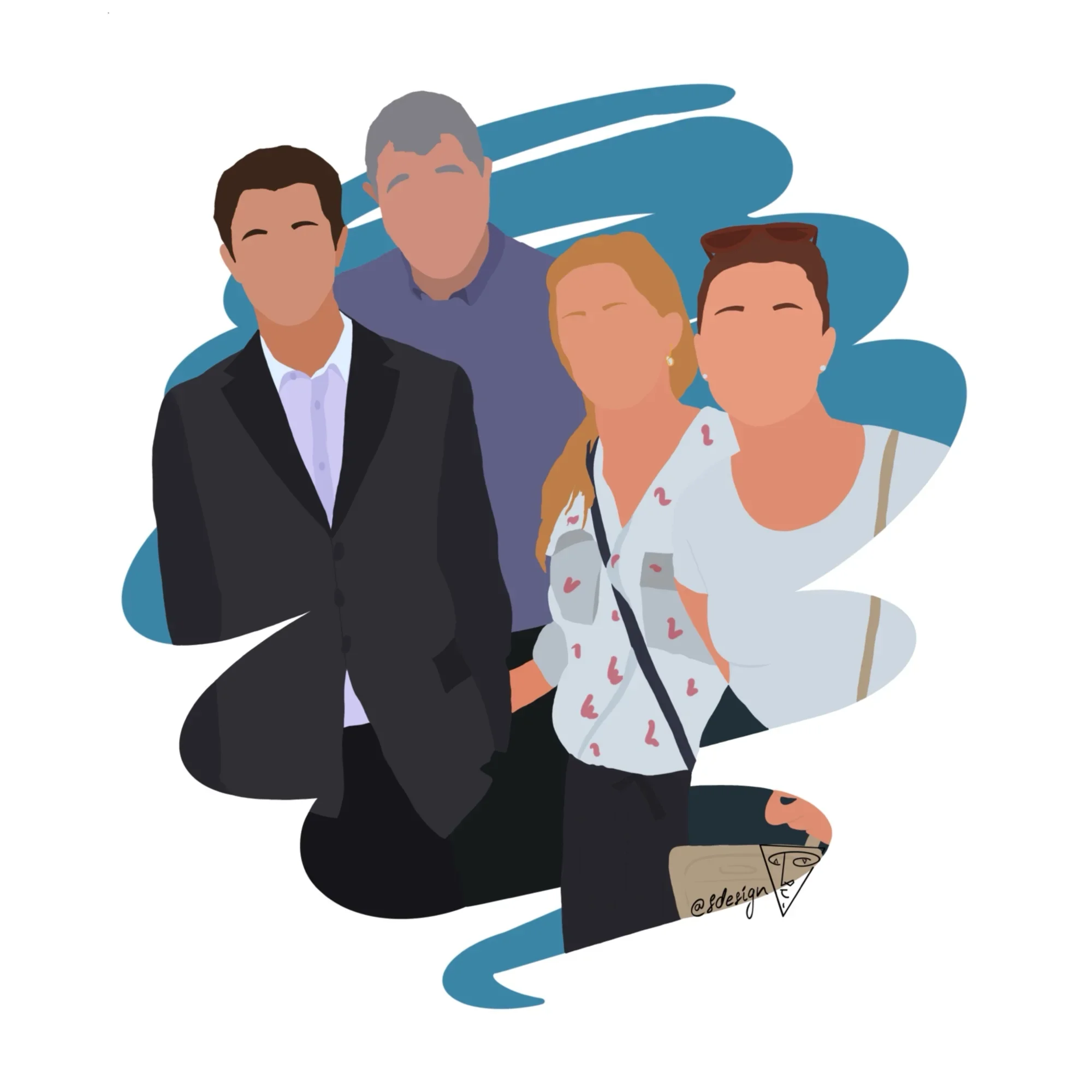 Illustration personnalisée d’une famille de quatre personnes, élégamment habillée (un père et ses trois enfants), dessinée dans un style minimaliste (sans détails de visage) avec un effet coup de pinceau et un fond couleur bleu.