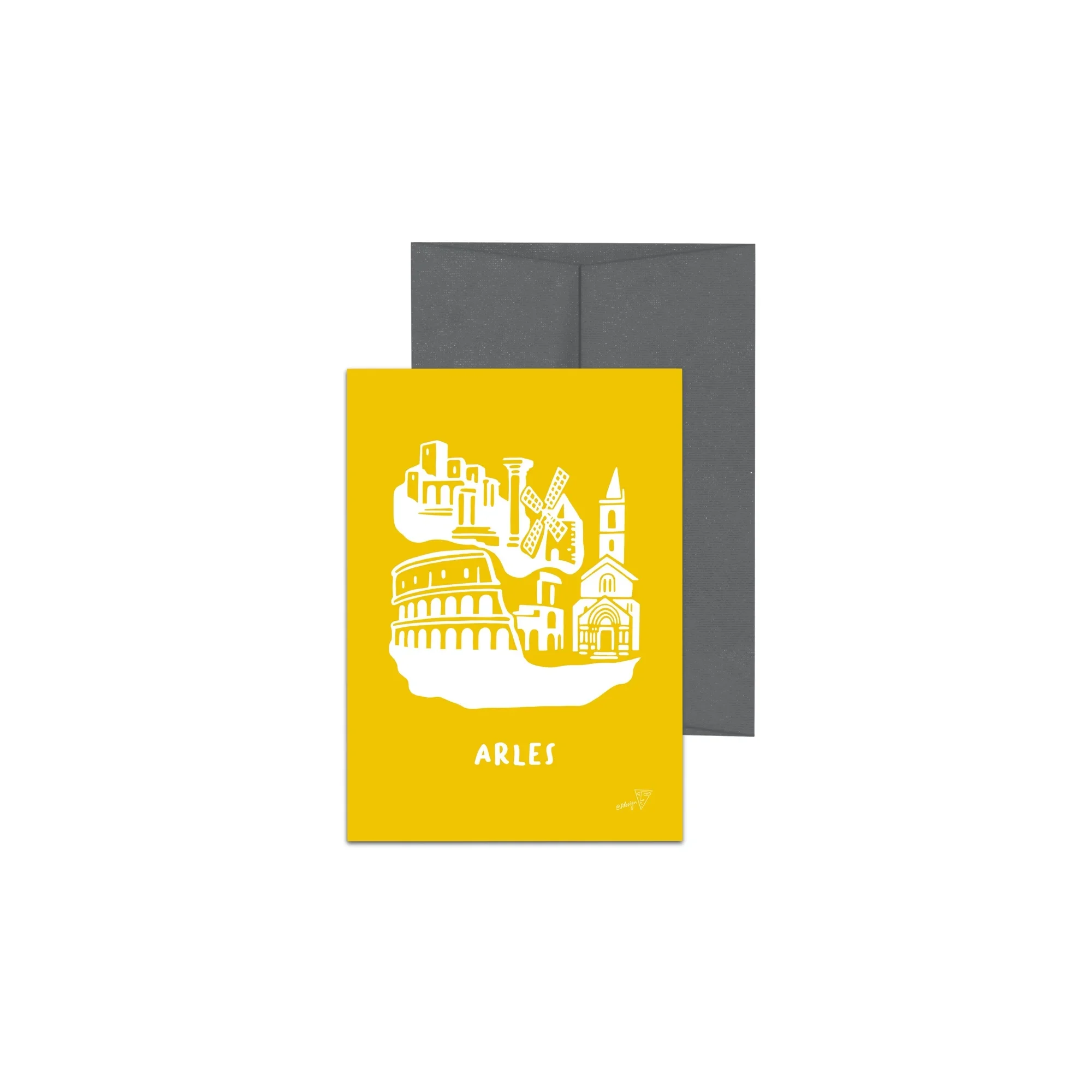 Carte postale de la ville de Arles, fond jaune, avec enveloppe