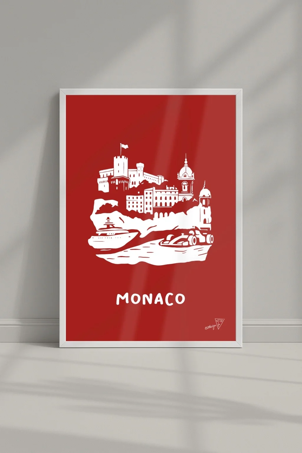 Affiche ville Monaco dans un cadre, illustration graphique rouge et blanche de la Côte d'Azur