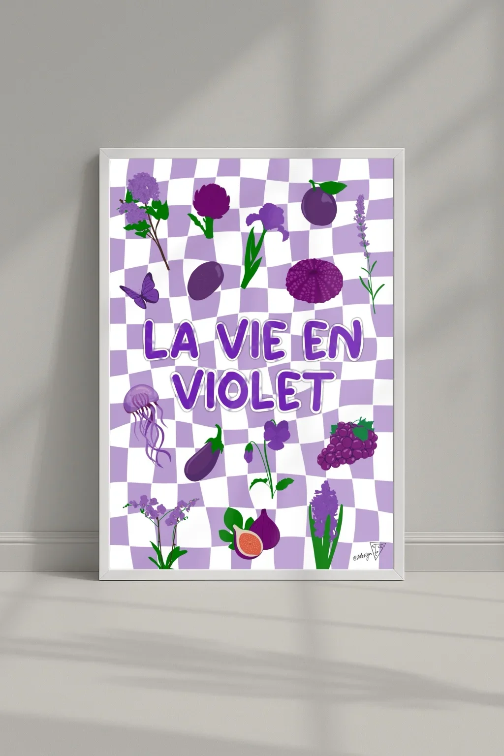 Affiche "La vie en violet" dans un cadre, symboles violets, illustration graphique