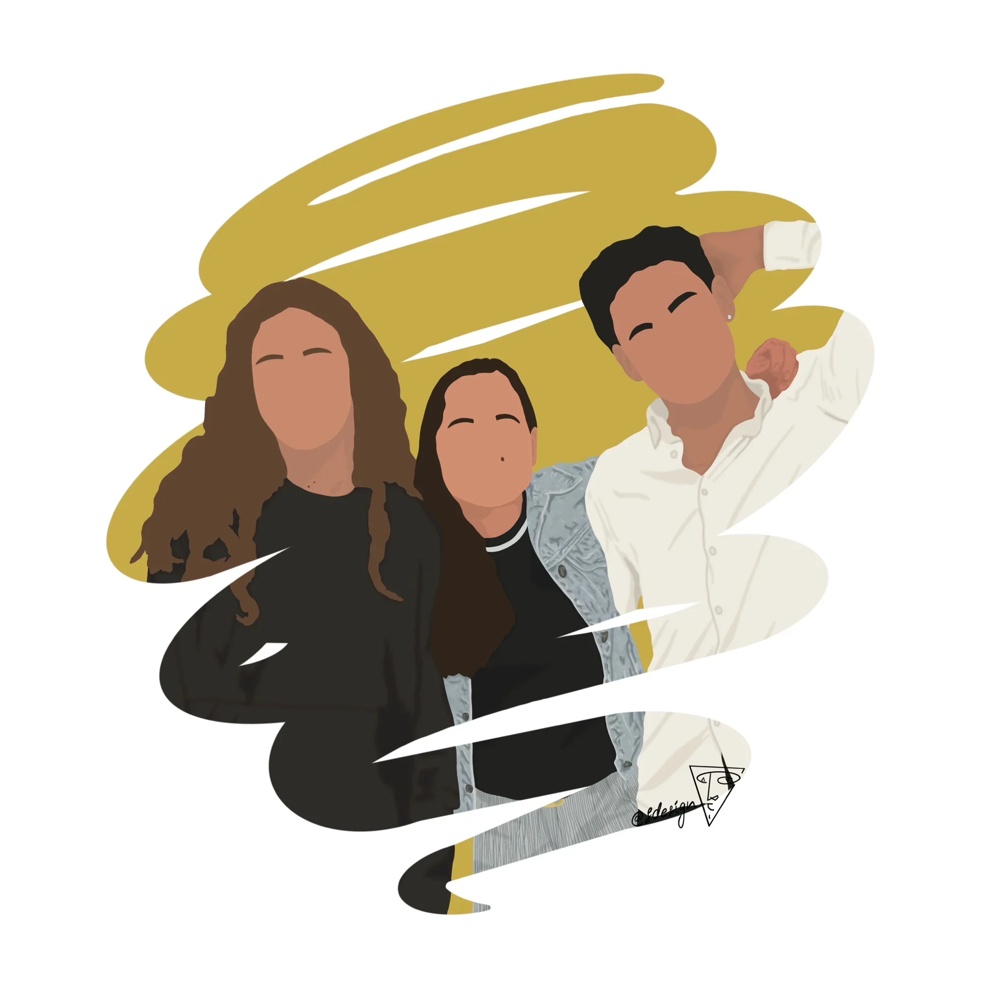 Illustration personnalisée d’une famille de trois personnes, (une mère et ses deux enfants), dessinée dans un style minimaliste (sans détails de visage) avec un effet coup de pinceau et un fond couleur jaune.