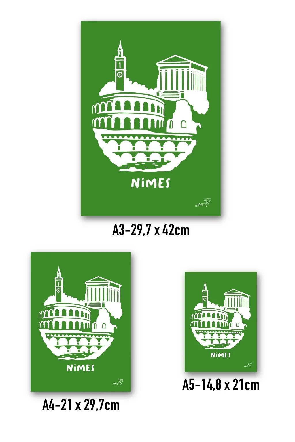 Affiche Nimes disponible en trois formats - A3, A4, A5 - illustration graphique verte et blanche de l'Occitanie
