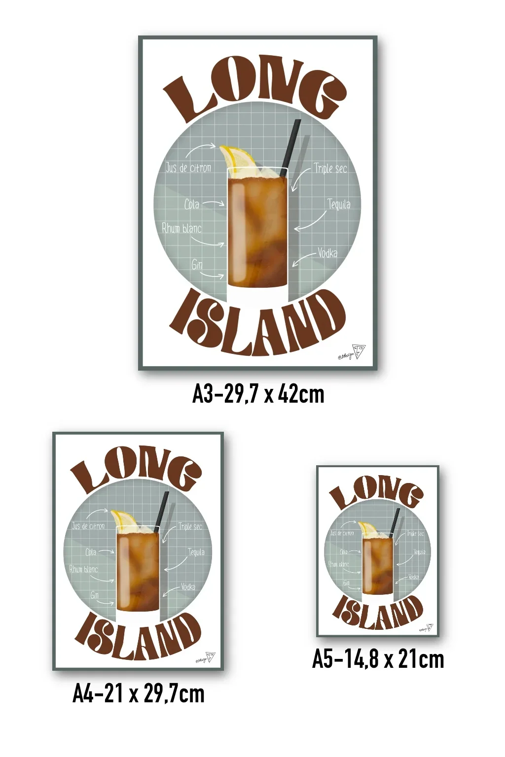 Affiche cocktail Long Island disponible en formats A3, A4, A5 - création SDesiGn