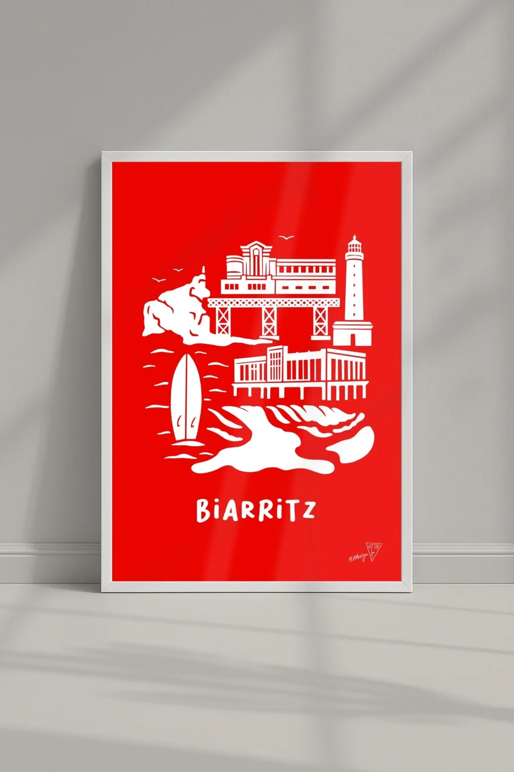 Affiche ville Biarritz dans un cadre, illustration graphique rouge et blanche du Pays-Basque