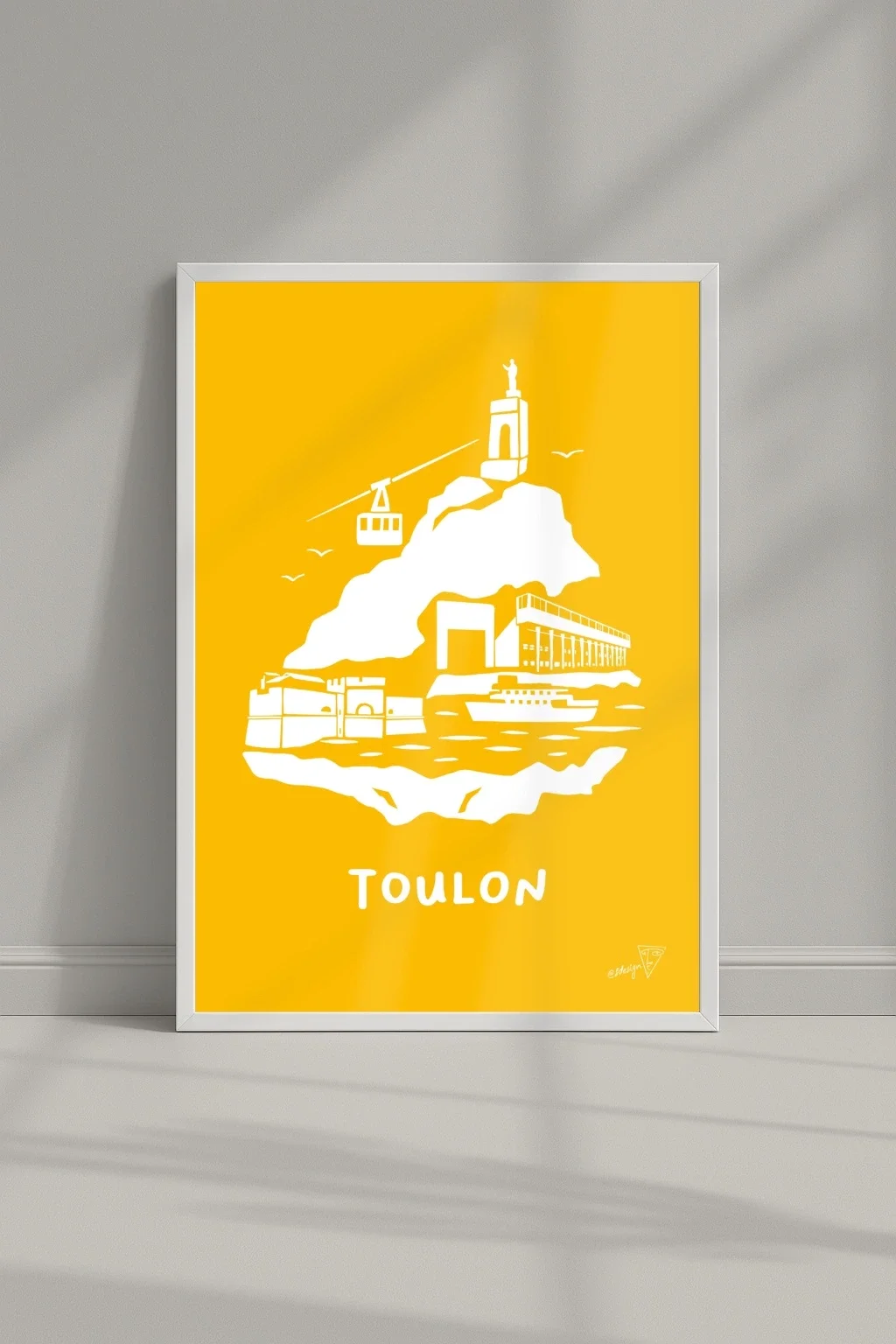 Affiche ville Toulon dans un cadre, illustration graphique jaune et blanche du Sud-Est