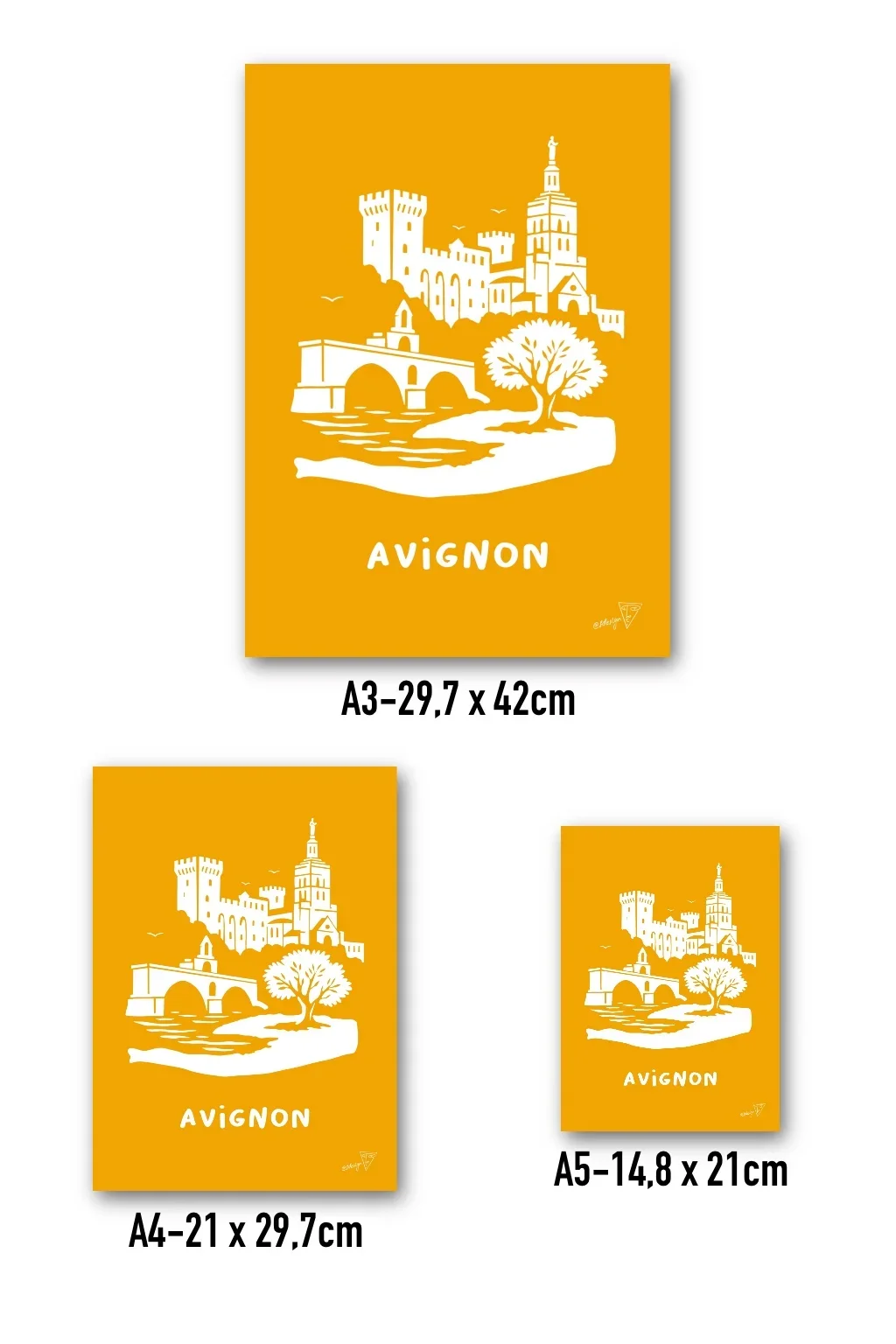 Affiche Avignon disponible en trois formats - A3, A4, A5 - illustration graphique orange et blanche de la région Paca
