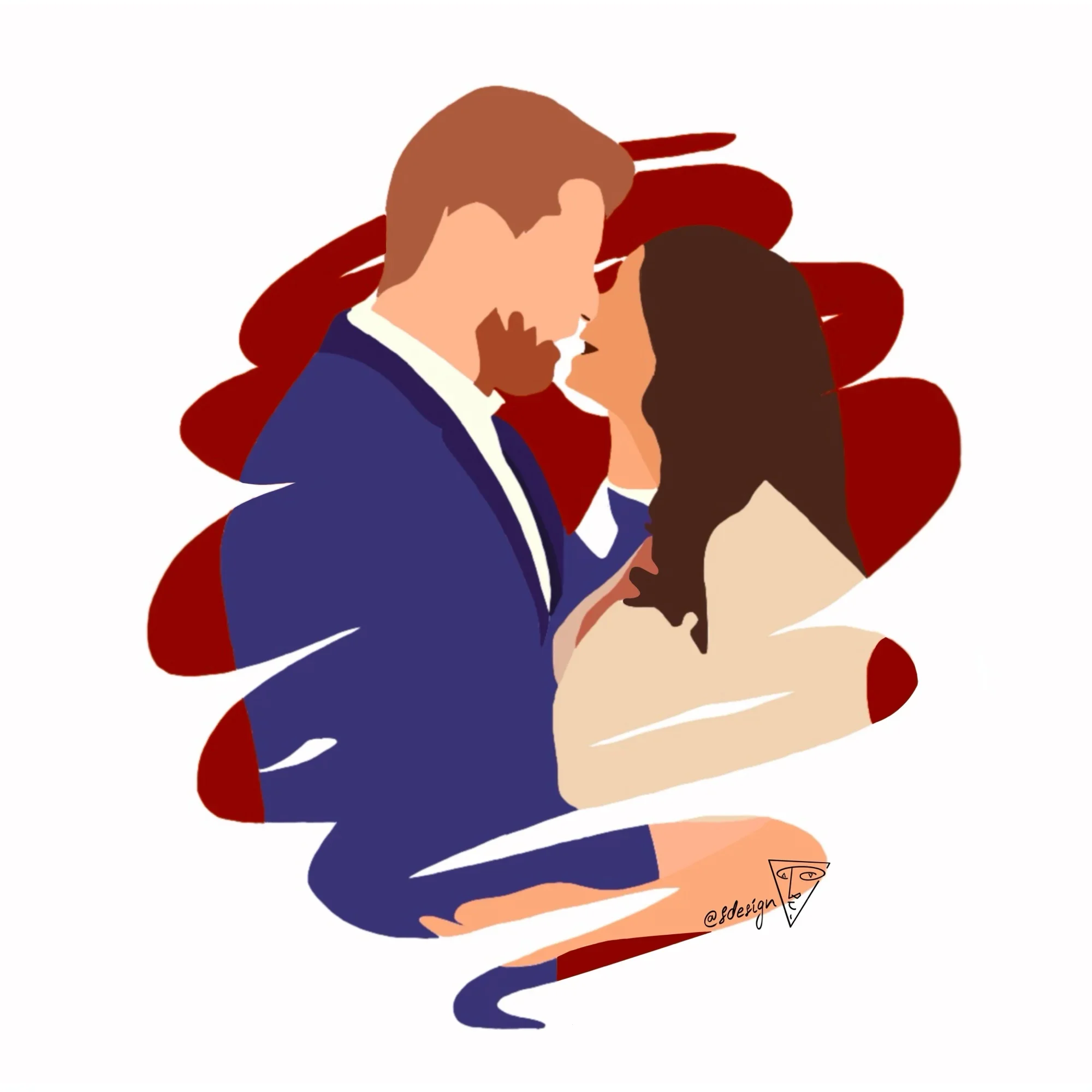 Illustration personnalisée d’un couple élégamment habillé s'embrassant, dessiné dans un style minimaliste (sans détails de visage) avec un effet coup de pinceau et un fond couleur rouge.