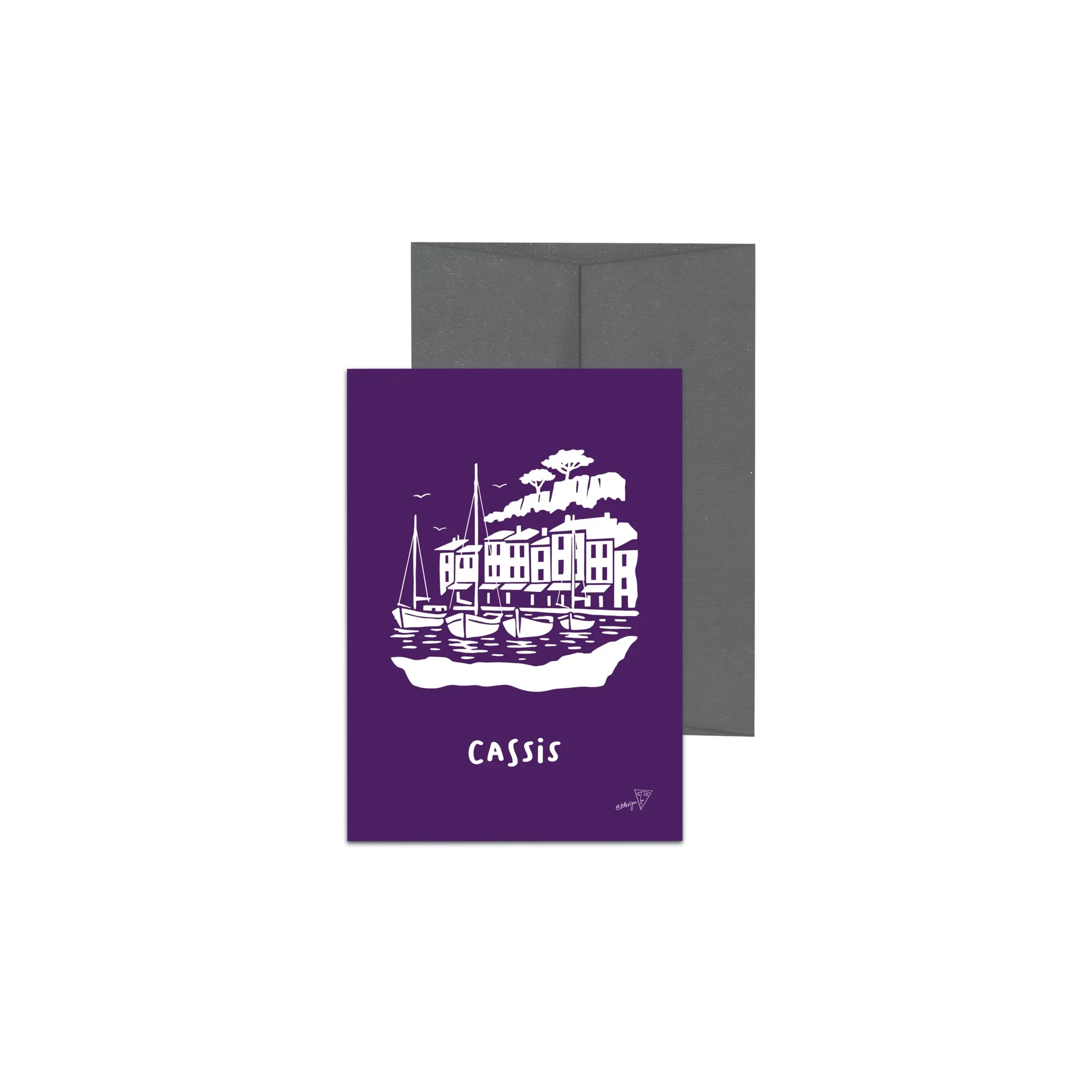 Carte postale de la ville de Cassis, fond violet, avec enveloppe