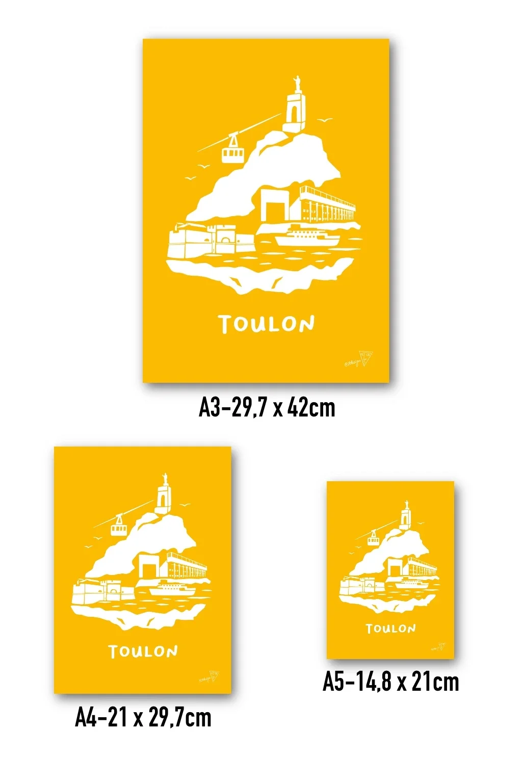 Affiche Toulon disponible en trois formats - A3, A4, A5 - illustration graphique jaune et blanche de la région
