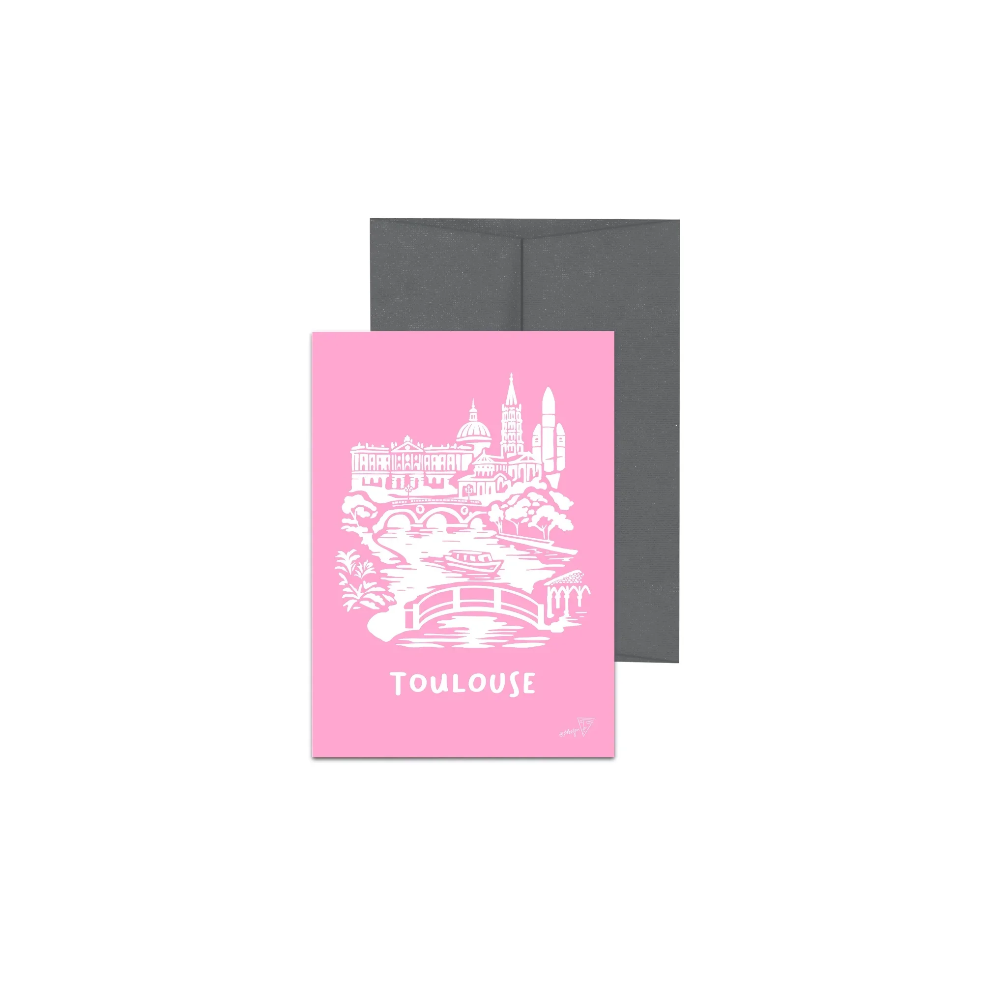 Carte postale de la ville de Toulouse, fond rose, avec enveloppe