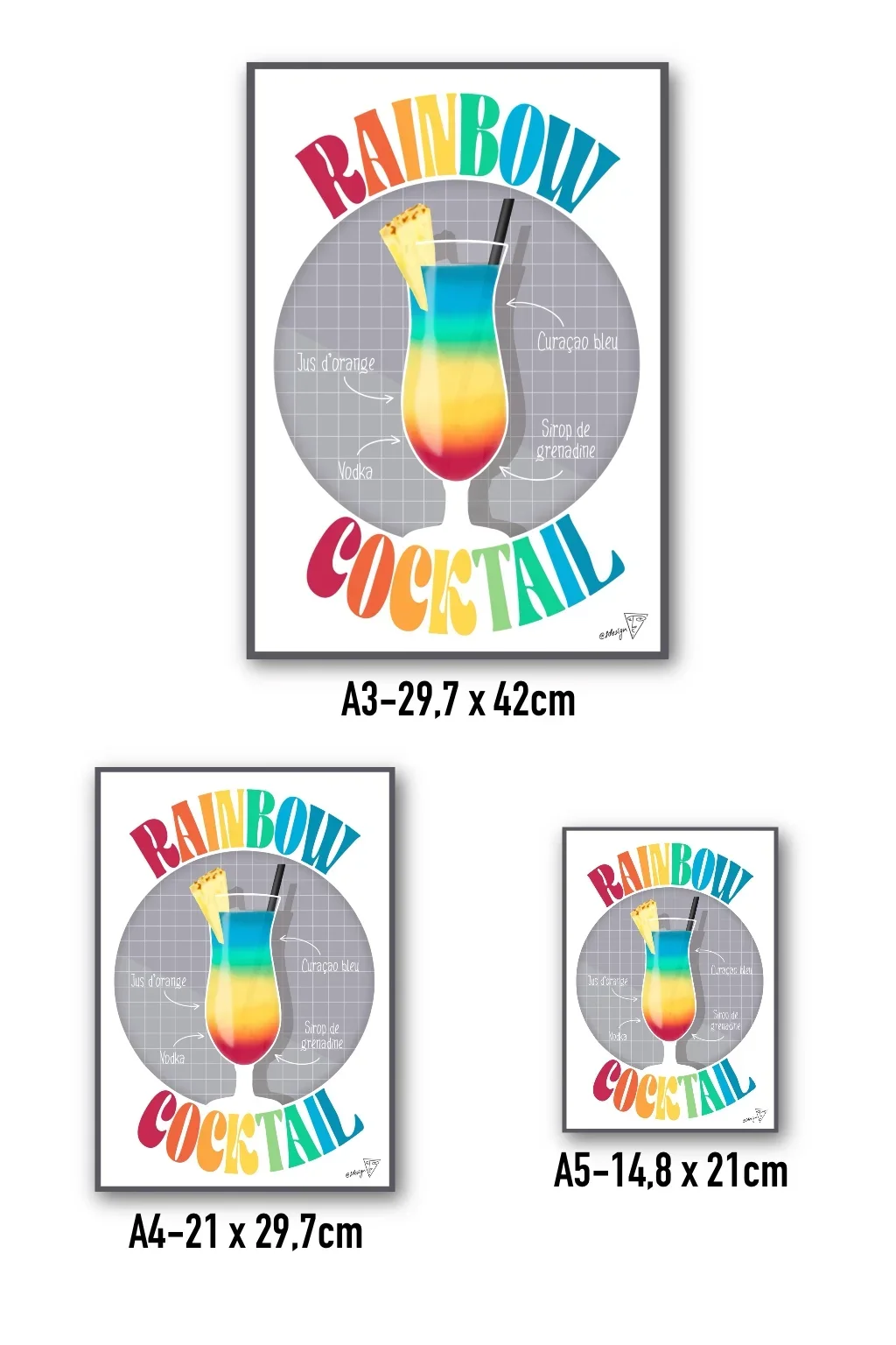 Affiche cocktail Rainbow Cocktail disponible en formats A3, A4, A5 - création SDesiGn