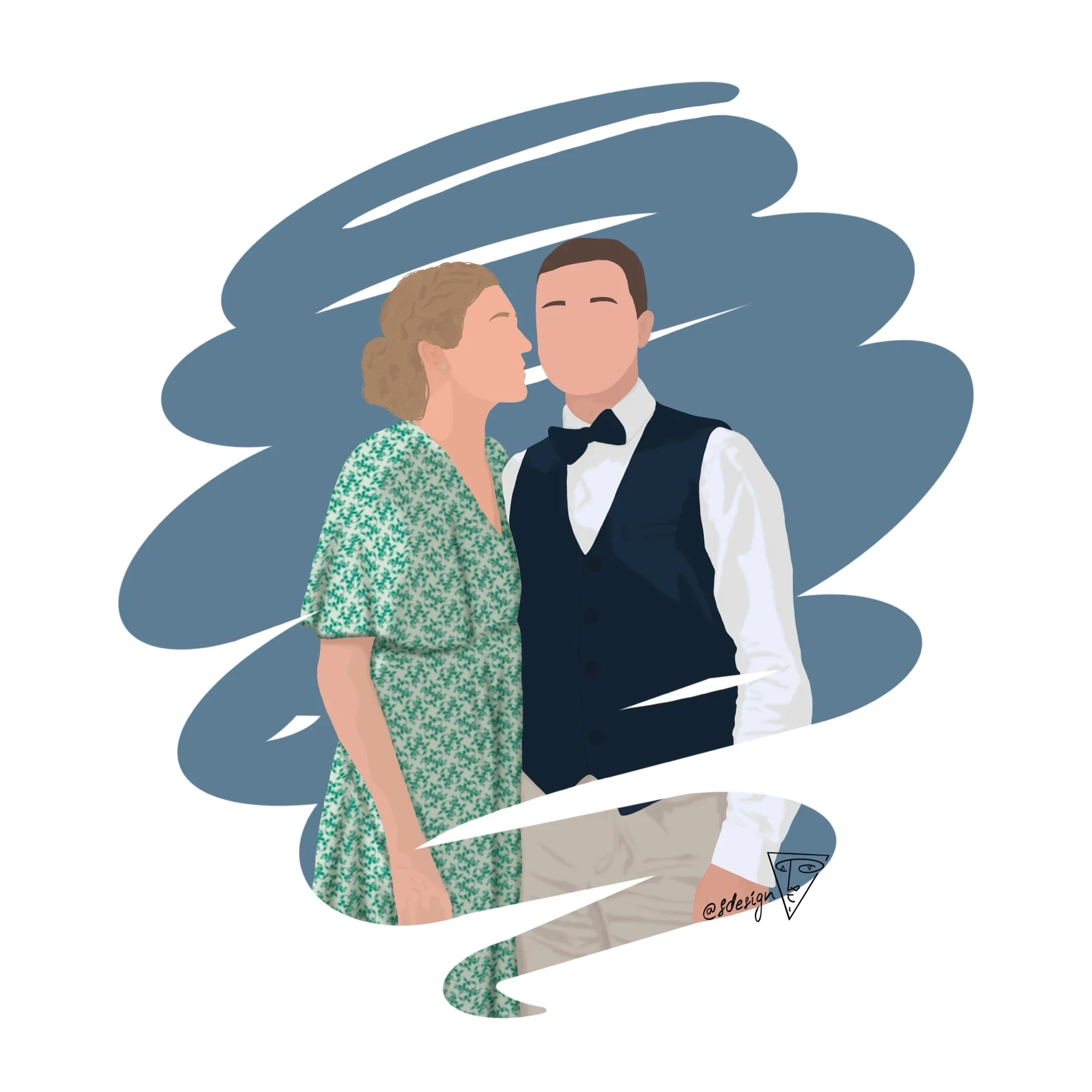 Illustration personnalisée d’un couple élégamment habillé, dessiné dans un style minimaliste (sans détails de visage) avec un effet coup de pinceau et un fond couleur bleue. 