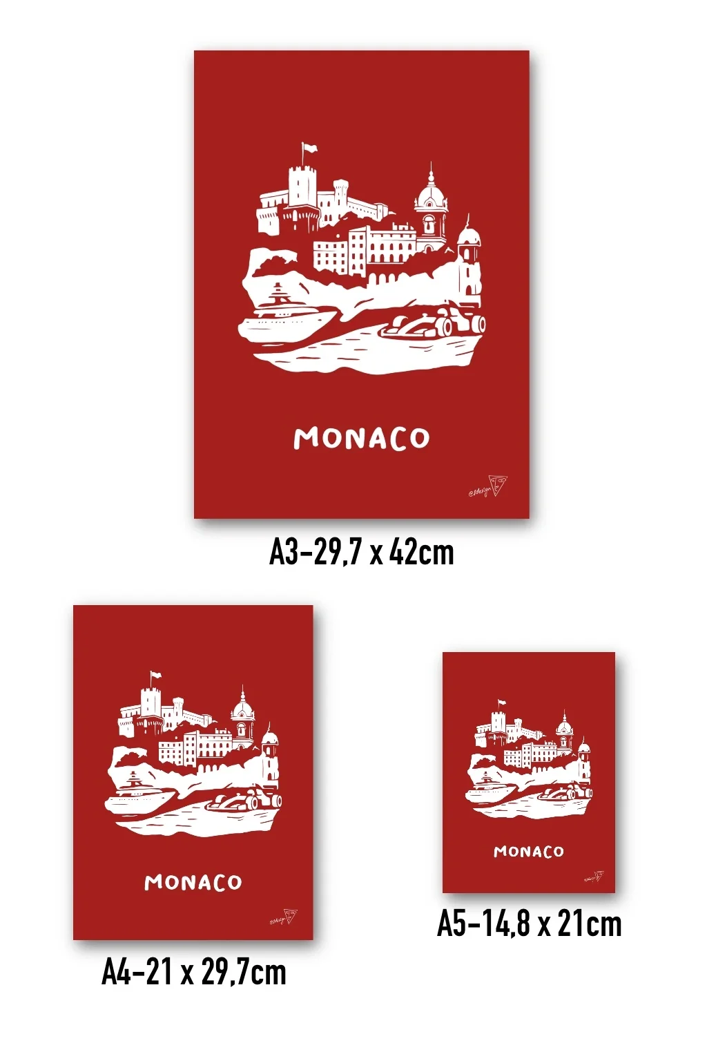 Affiche Monaco disponible en trois formats - A3, A4, A5 - illustration graphique rouge et blanche du pays