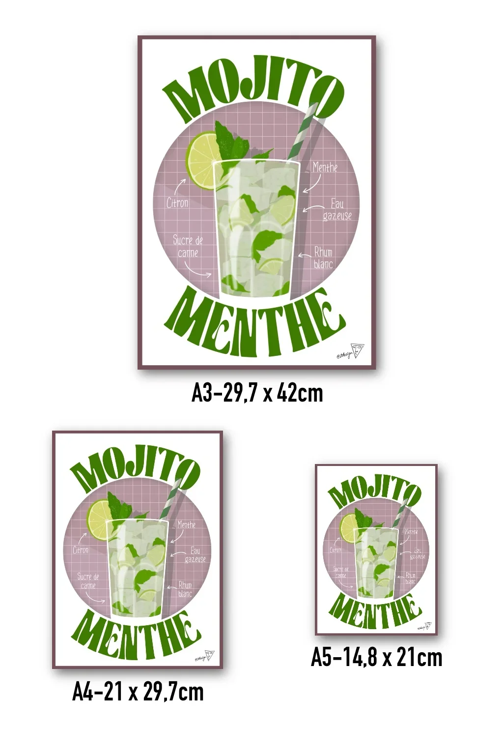 Affiche cocktail Mojito Menthe disponible en formats A3, A4, A5 - création SDesiGn