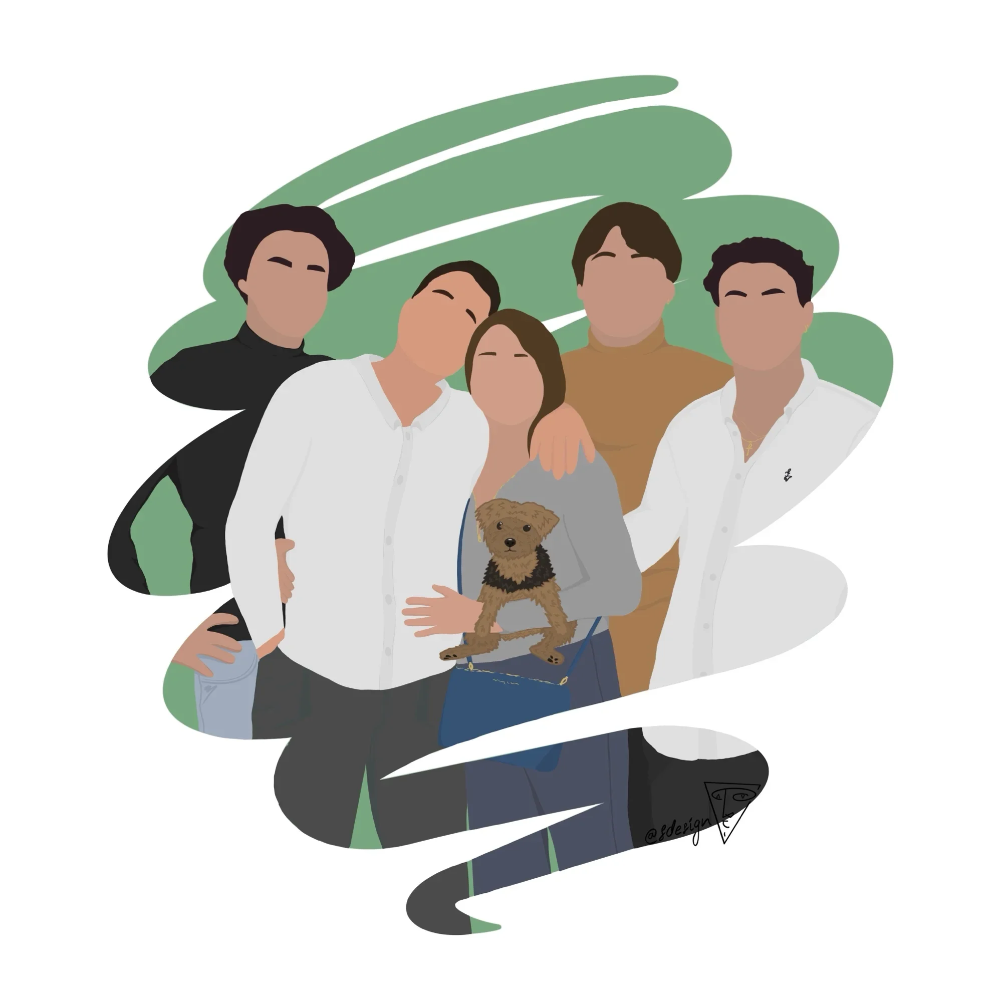 Illustration personnalisée d’une famille de cinq personnes et leur chien, (un couple de parents et ses trois enfants), dessinée dans un style minimaliste (sans détails de visage) avec un effet coup de pinceau et un fond couleur vert.